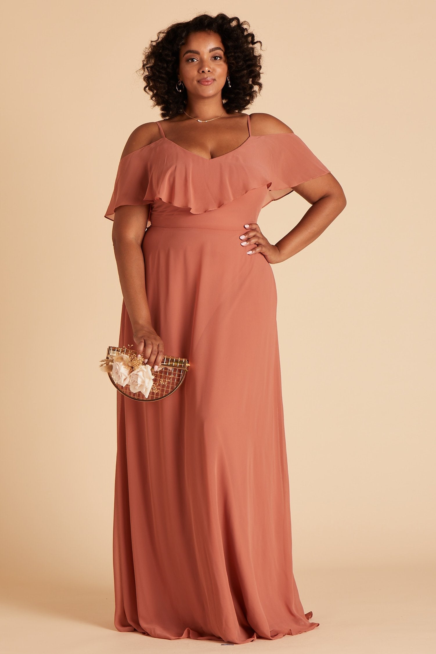 Jane convertible plus size bridesmaid dress in terracotta orange chiffon by Birdy Grey, front view