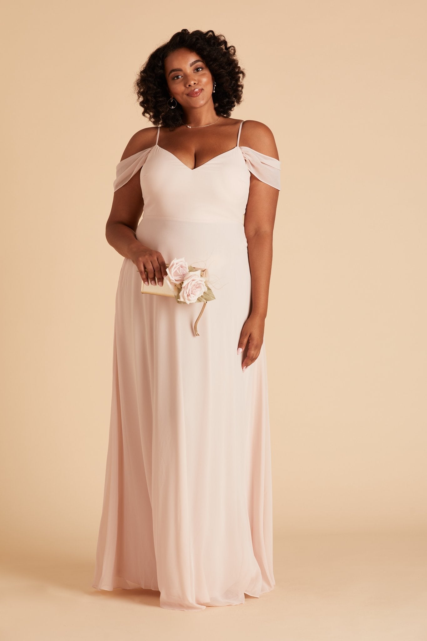 Devin convertible plus size bridesmaids dress in pale blush chiffon by Birdy Grey, front view