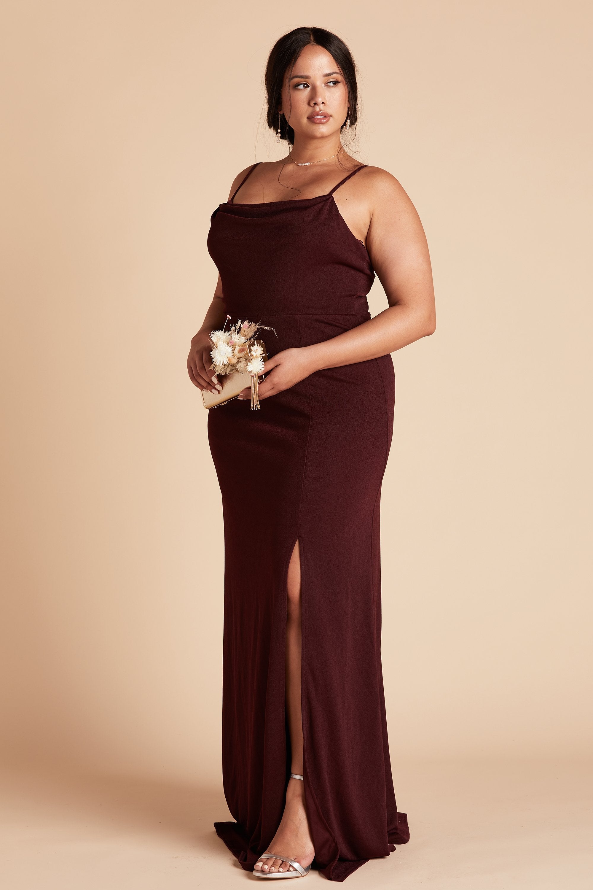 Ash plus size bridesmaid dress with slit in cabernet burgundy crepe by Birdy Grey, side view