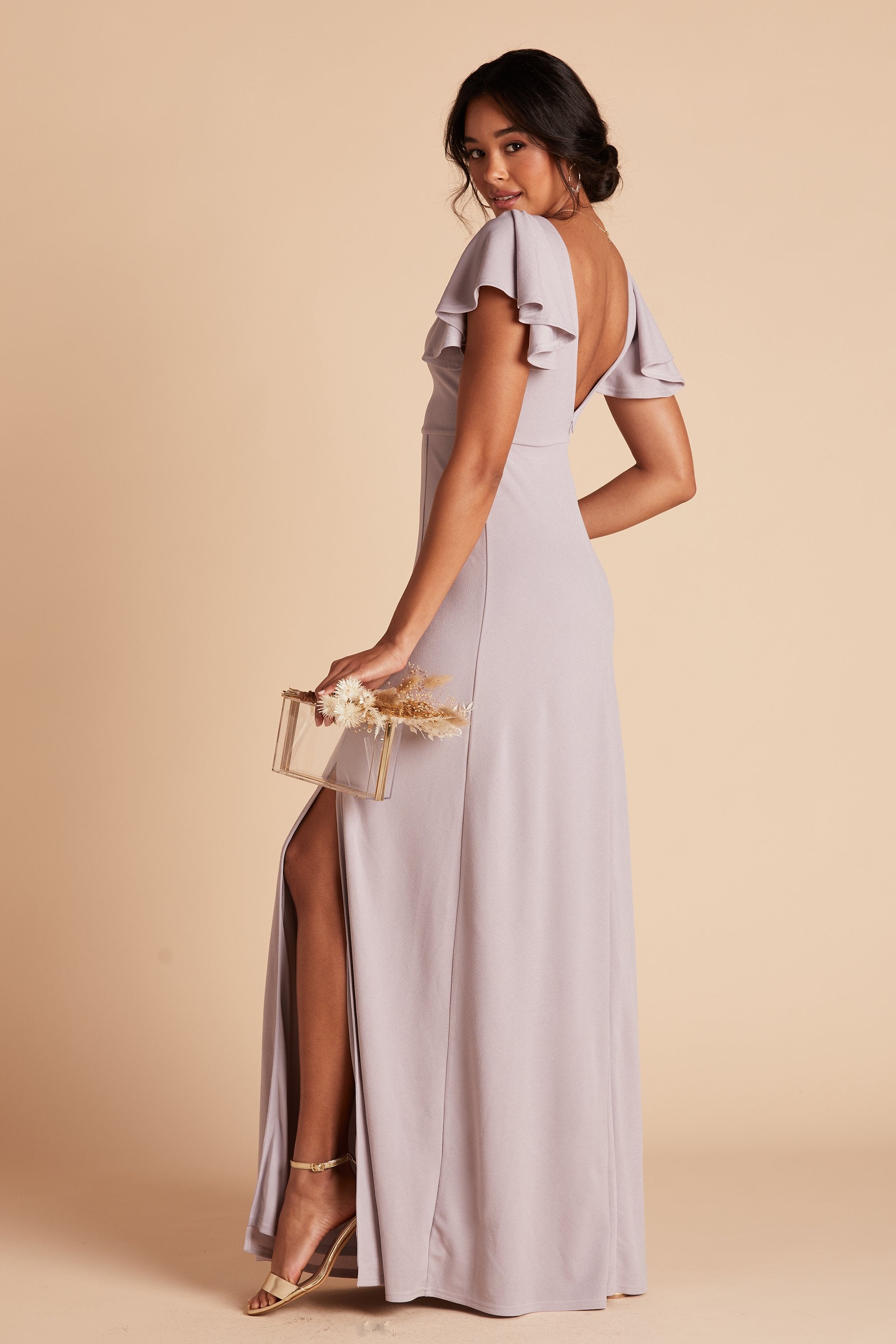 Hannah bridesmaid dress with slit in lilac purple crepe by Birdy Grey, side view