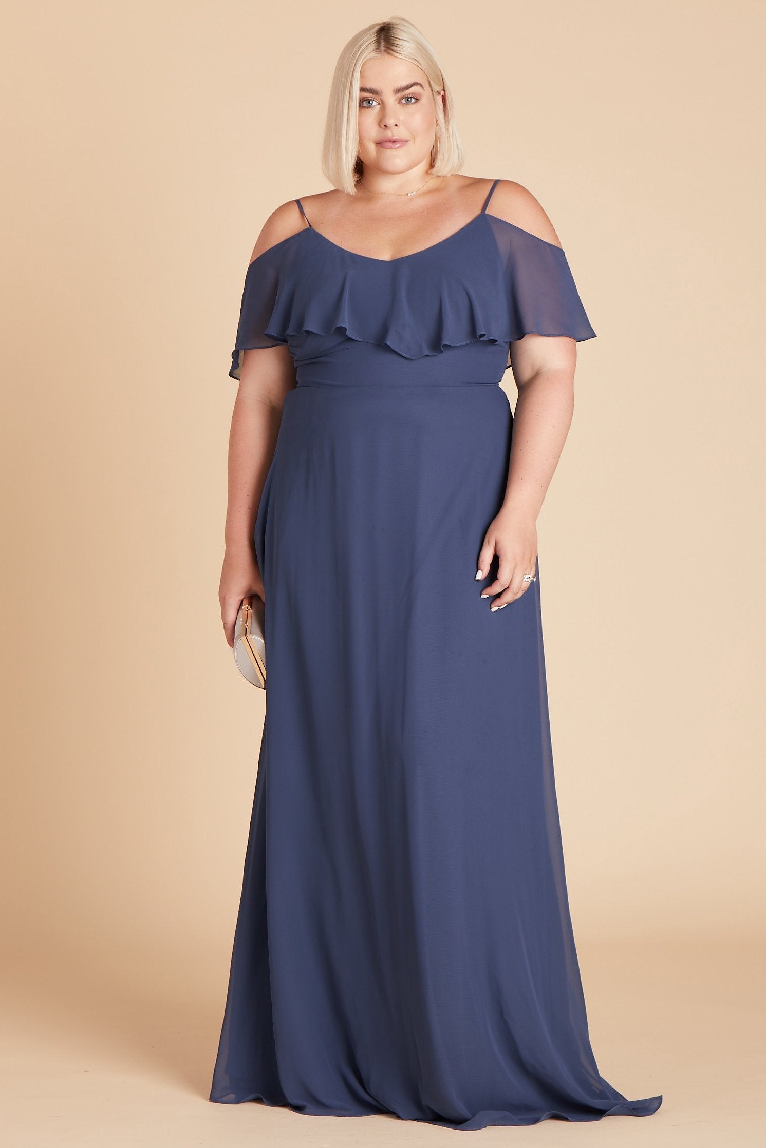 Jane convertible plus size bridesmaid dress in slate blue chiffon by Birdy Grey, front view