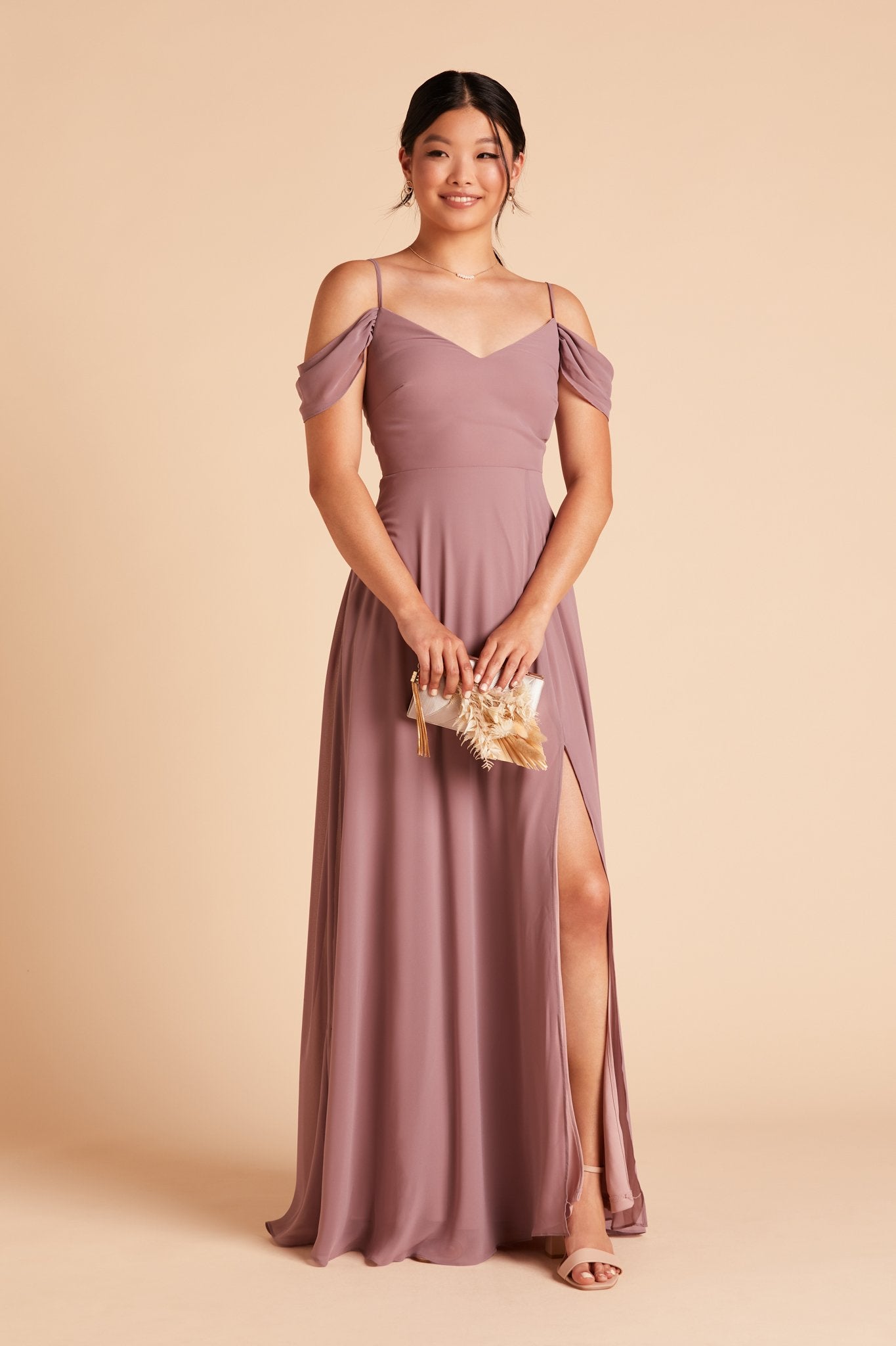 Devin convertible bridesmaid dress with slit in dark mauve chiffon by Birdy Grey, front view