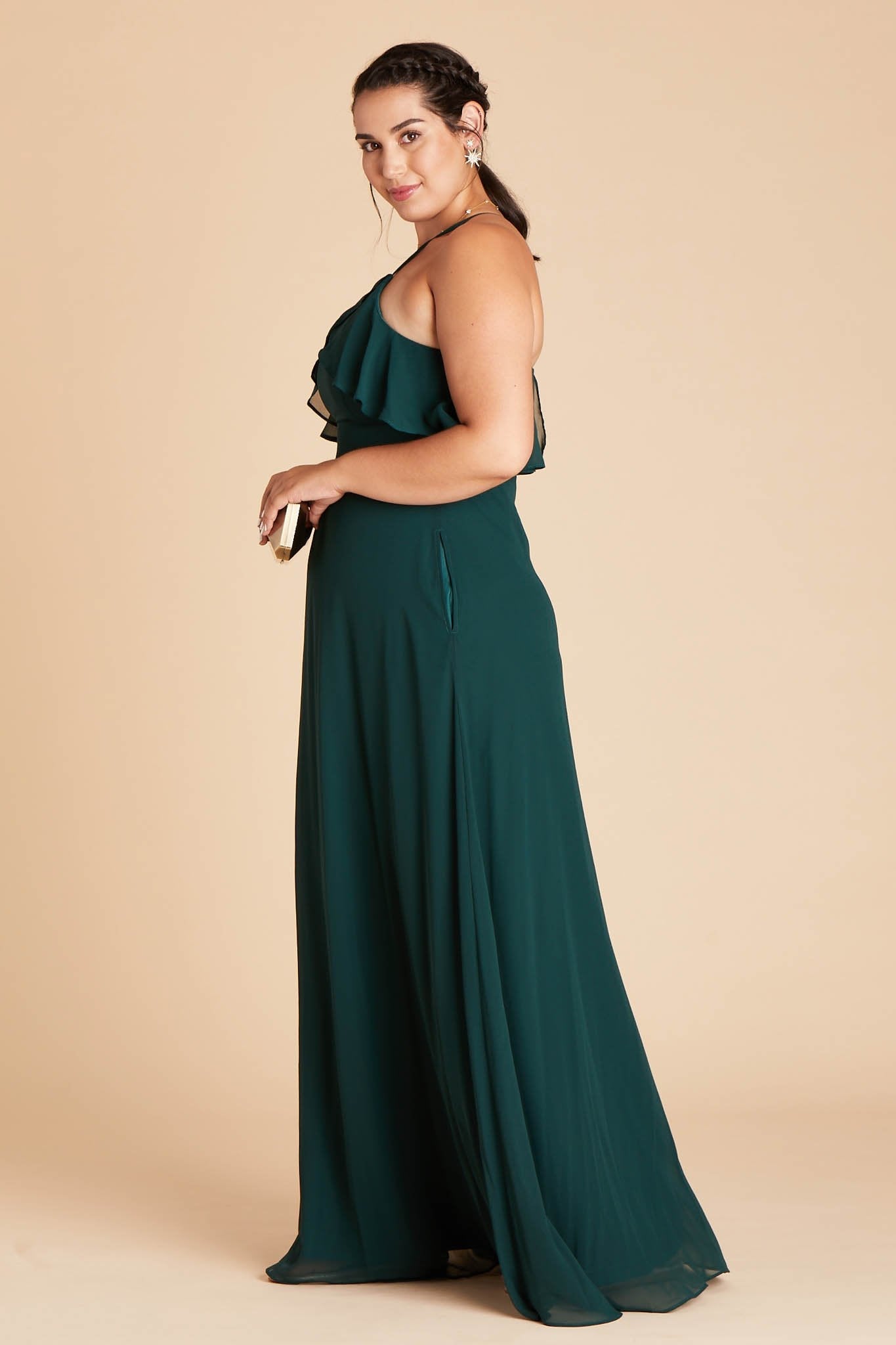 Jules convertible plus size bridesmaid dress in emerald green chiffon by Birdy Grey, side view