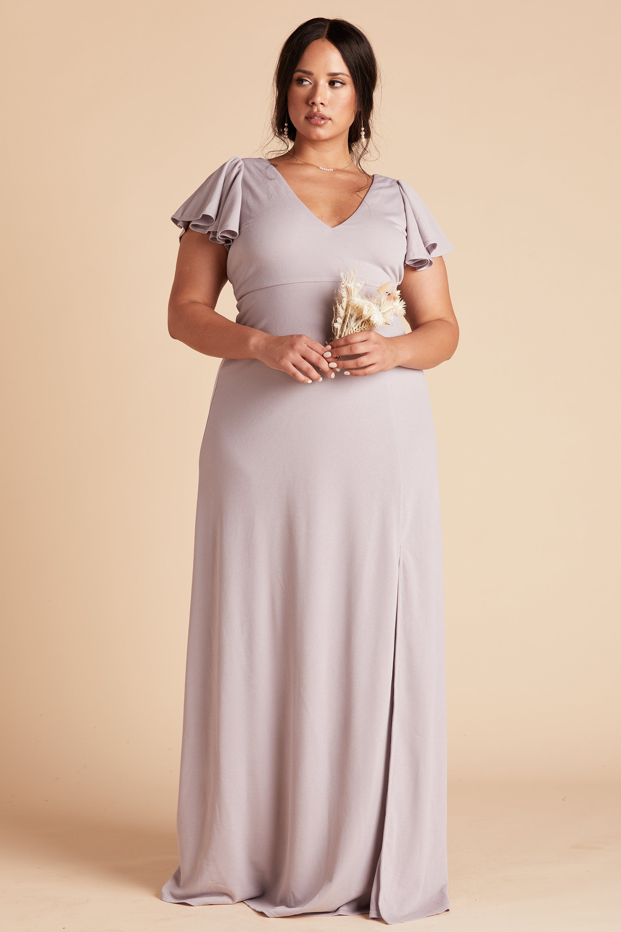 Hannah plus size bridesmaid dress with slit in lilac purple crepe by Birdy Grey, front view