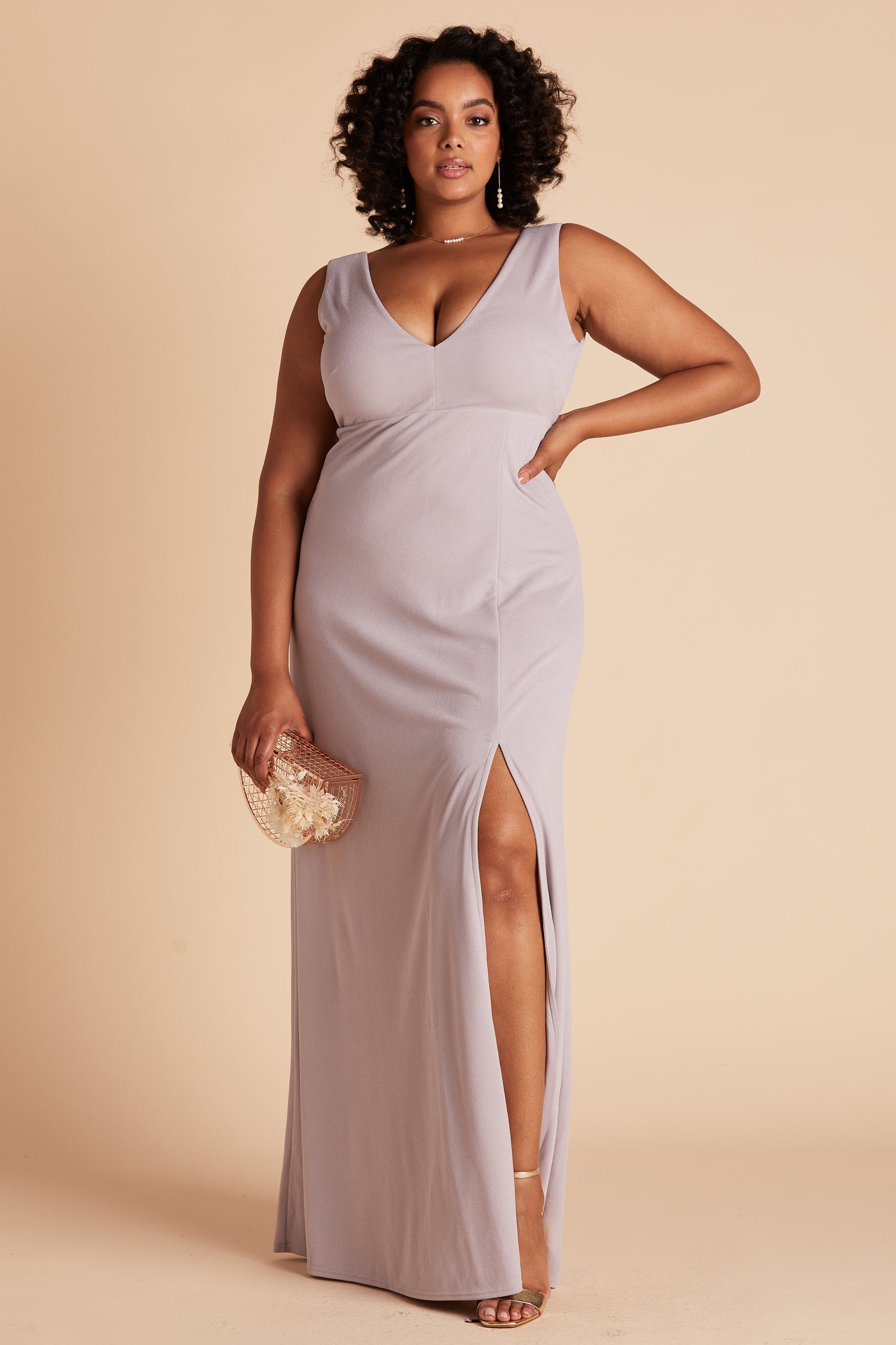 Shamin bridesmaid dress with slit in lilac purple crepe by Birdy Grey, front view