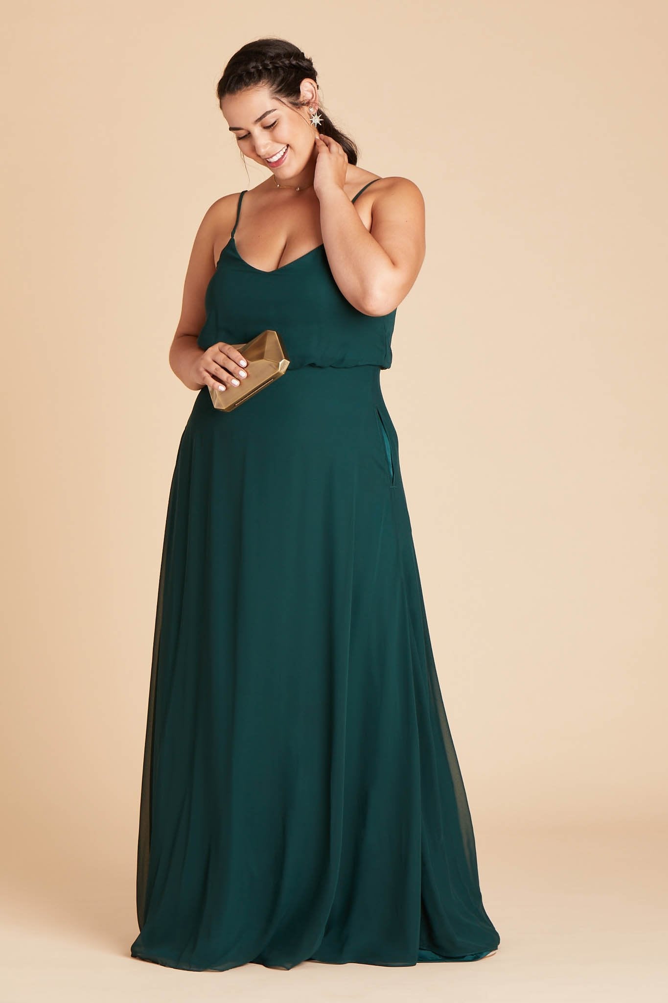 Gwennie plus size bridesmaid dress in emerald green chiffon by Birdy Grey, side view