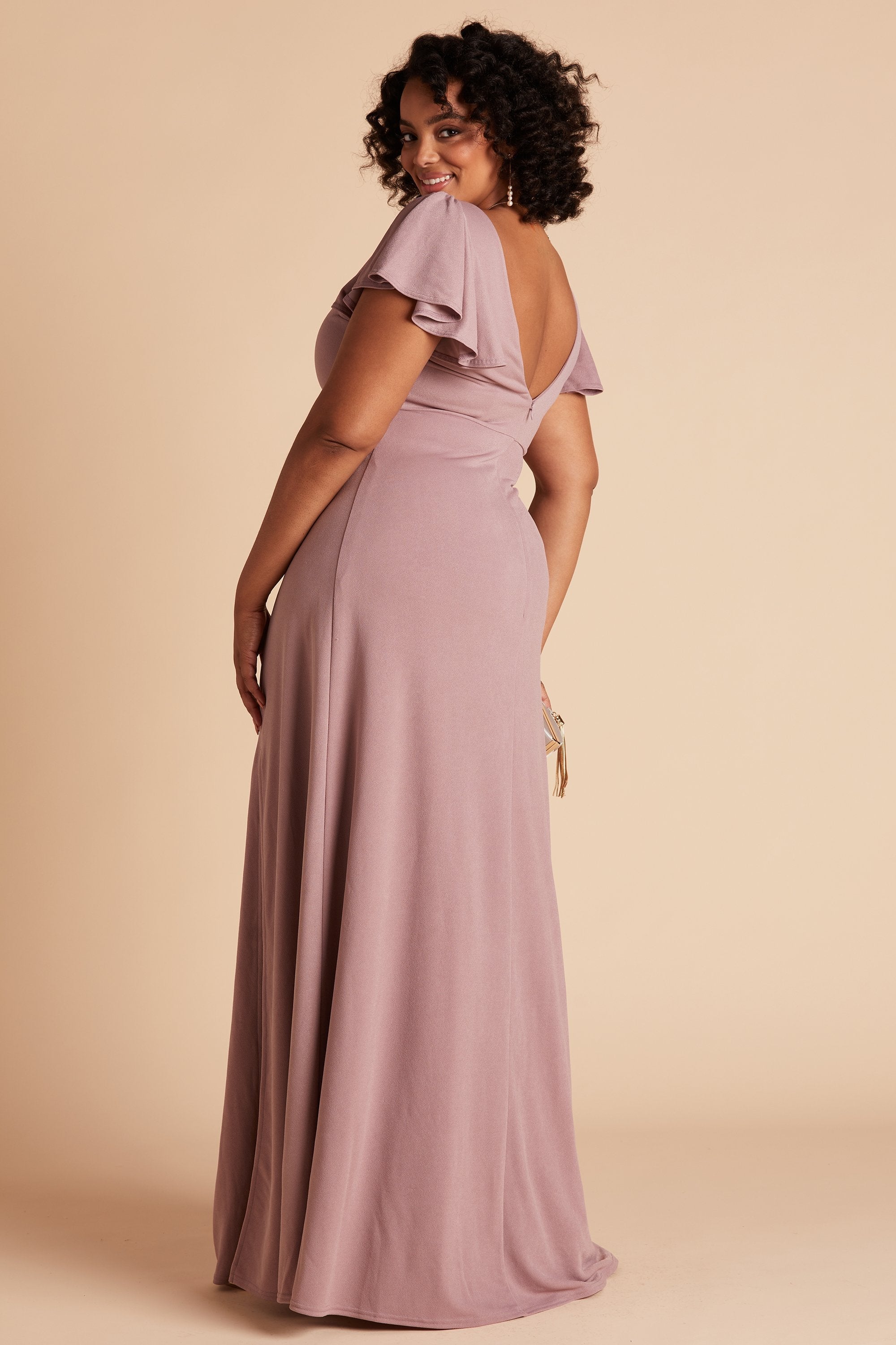Hannah plus size bridesmaid dress with slit in dark mauve crepe by Birdy Grey, back view