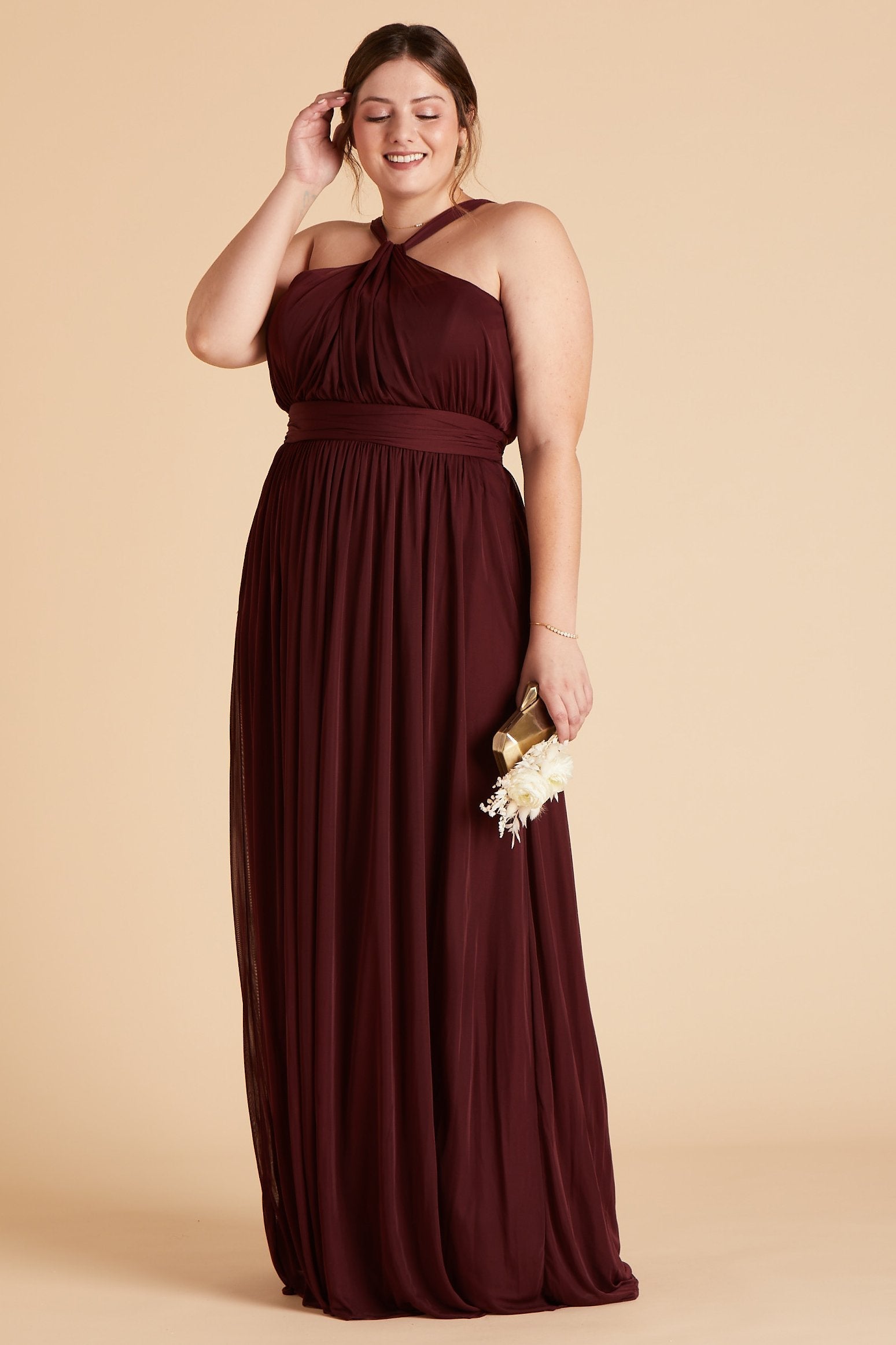 Kiko plus size bridesmaid dress in cabernet burgundy chiffon by Birdy Grey, front view