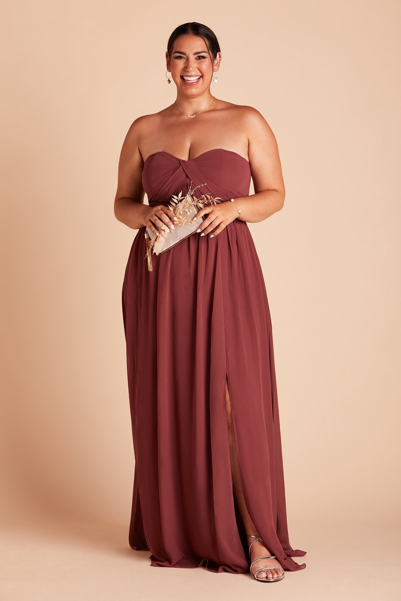 Grace convertible plus size bridesmaid dress with slit in rosewood chiffon by Birdy Grey, front view