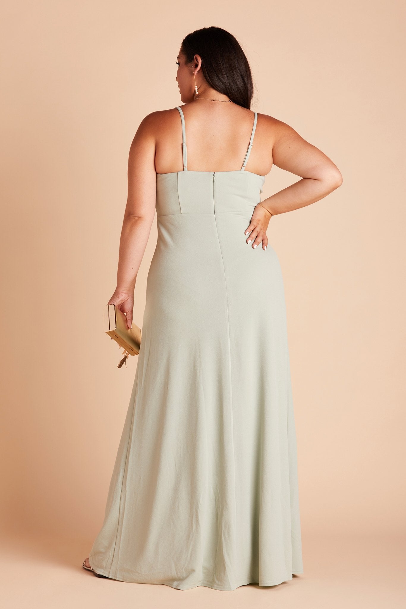 Ash plus size bridesmaid dress with slit in sage green crepe by Birdy Grey, back view