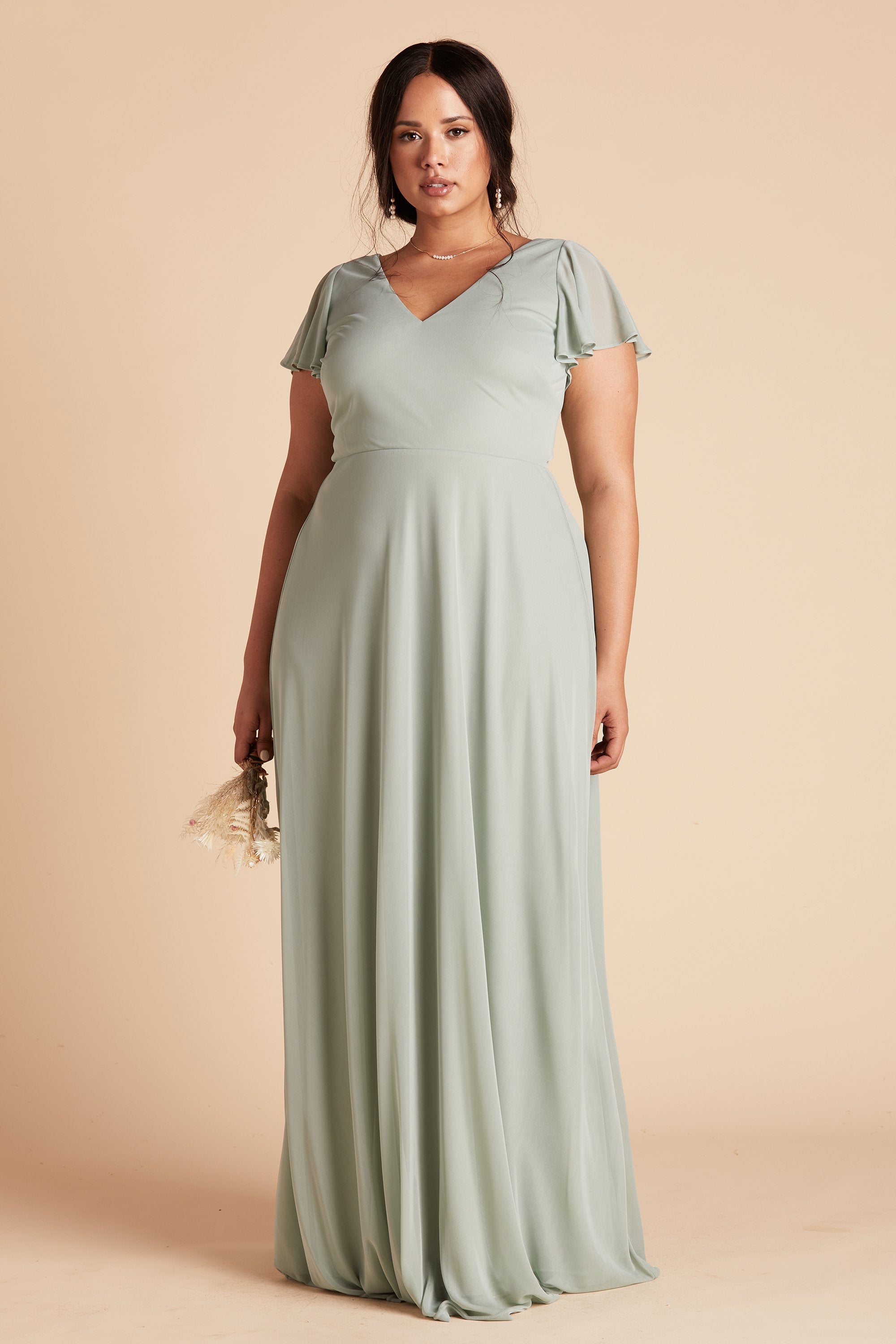 Hannah plus size bridesmaids dress in sage green mesh by Birdy Grey, front view