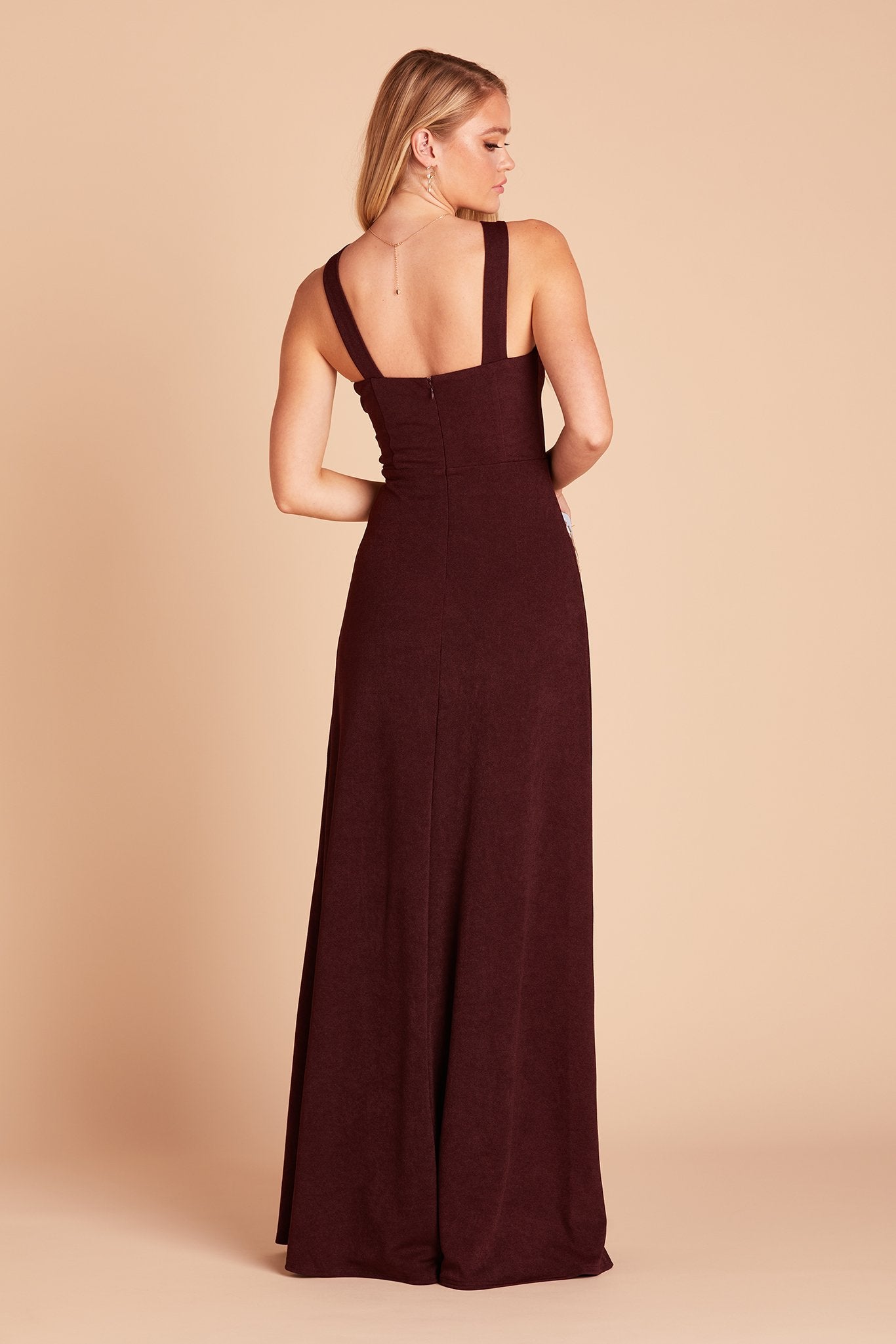 Gene bridesmaid dress with slit in cabernet burgundy crepe by Birdy Grey, back view