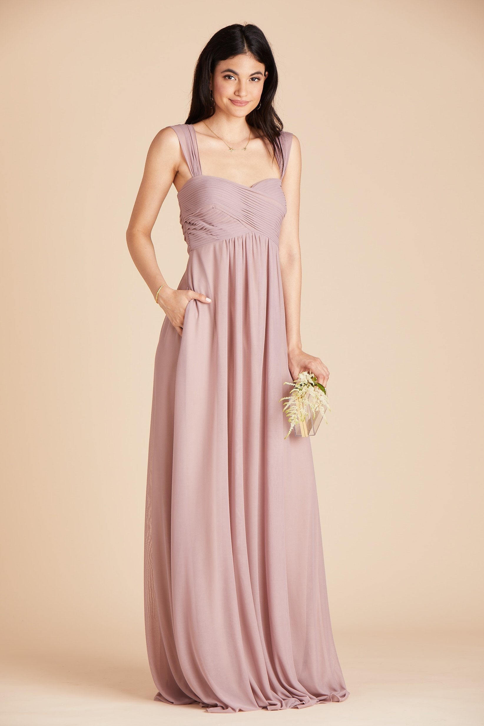 Maria convertible bridesmaids dress in mauve chiffon by Birdy Grey, side view with hand in pocket
