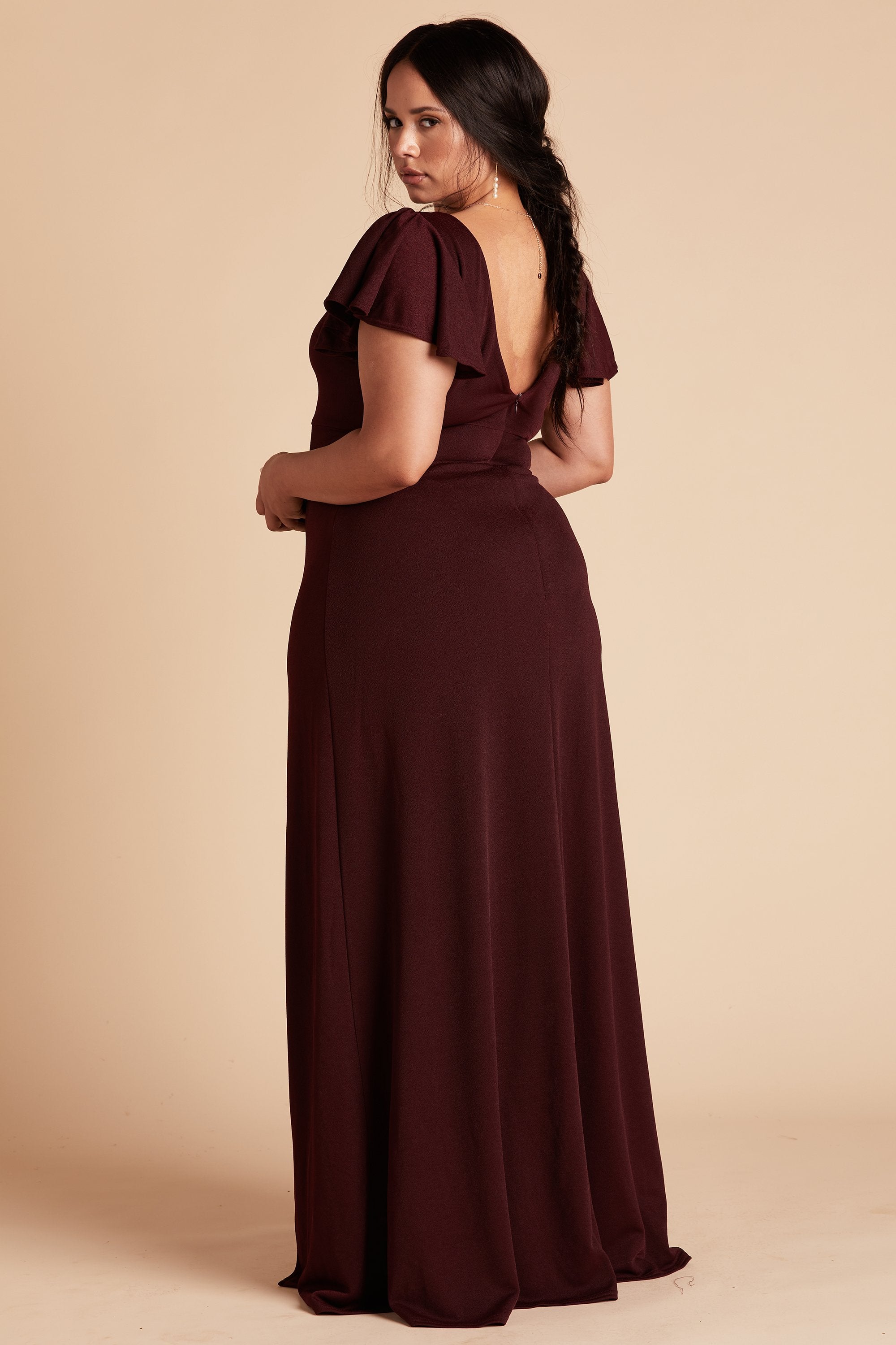 Hannah plus size bridesmaid dress with slit in cabernet burgundy crepe by Birdy Grey, side view
