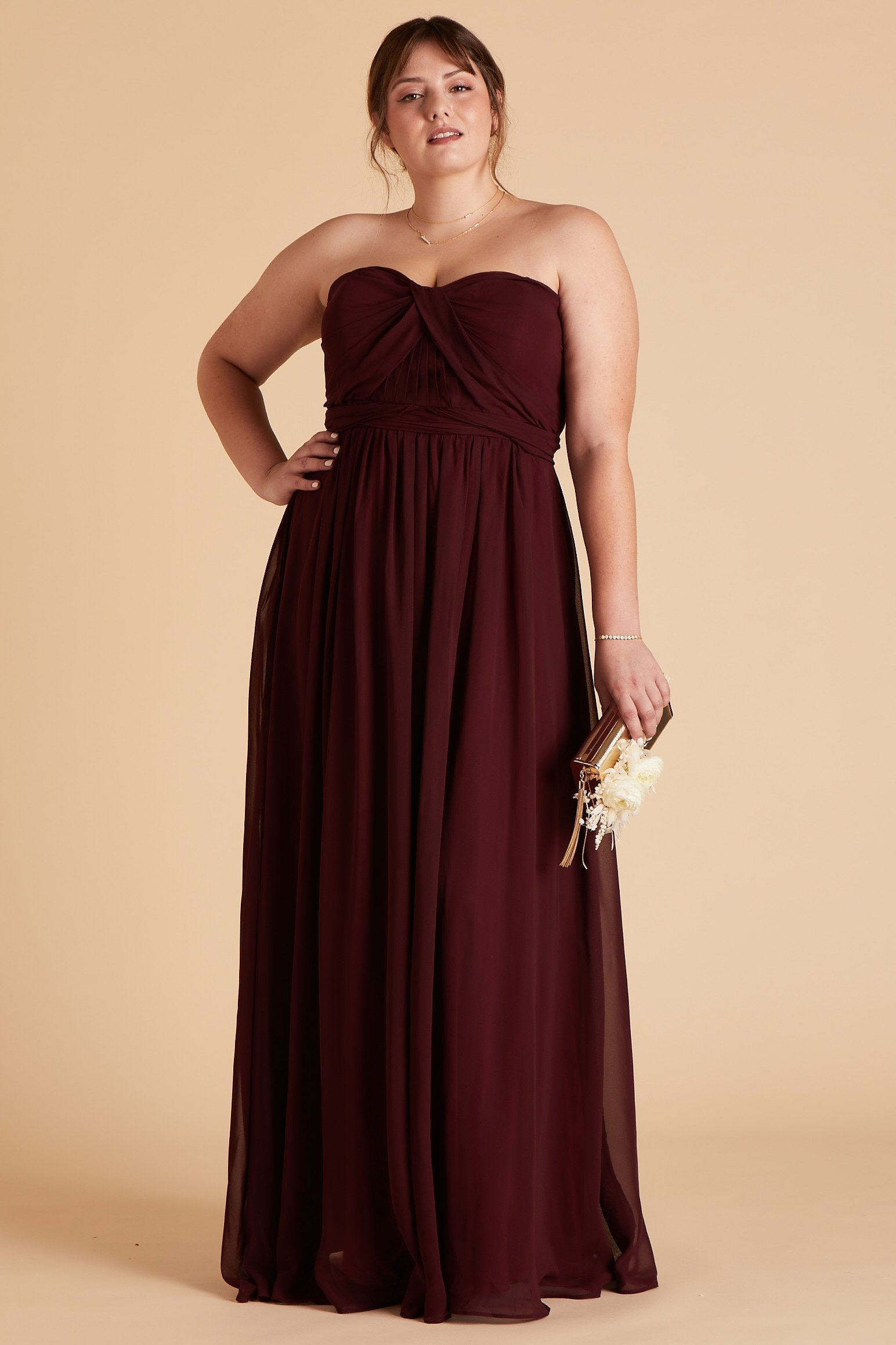 Grace convertible plus size bridesmaid dress in cabernet burgundy chiffon by Birdy Grey, front view