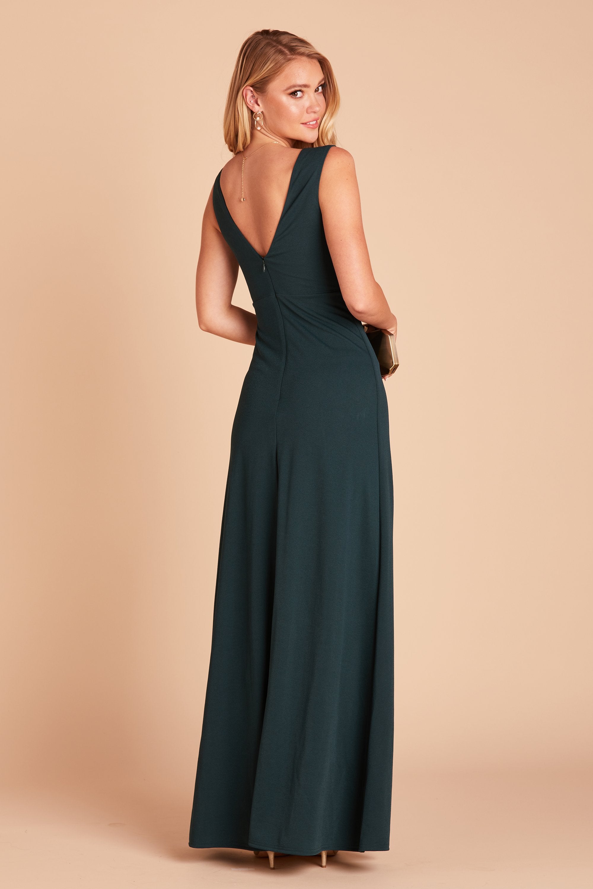 Shamin bridesmaid dress with slit in emerald green crepe by Birdy Grey, back view