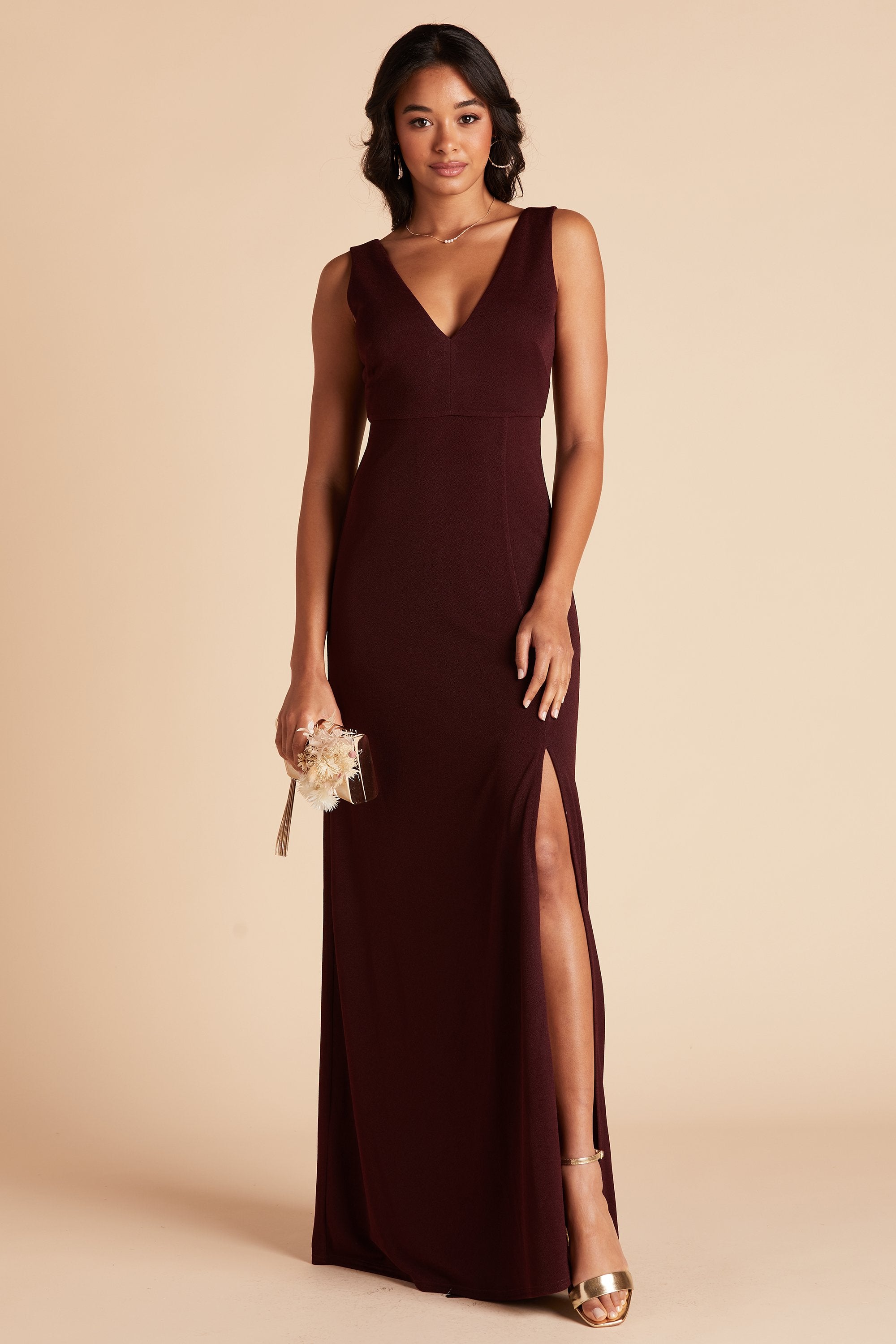 Shamin bridesmaid dress with slit in cabernet burgundy crepe by Birdy Grey, front view