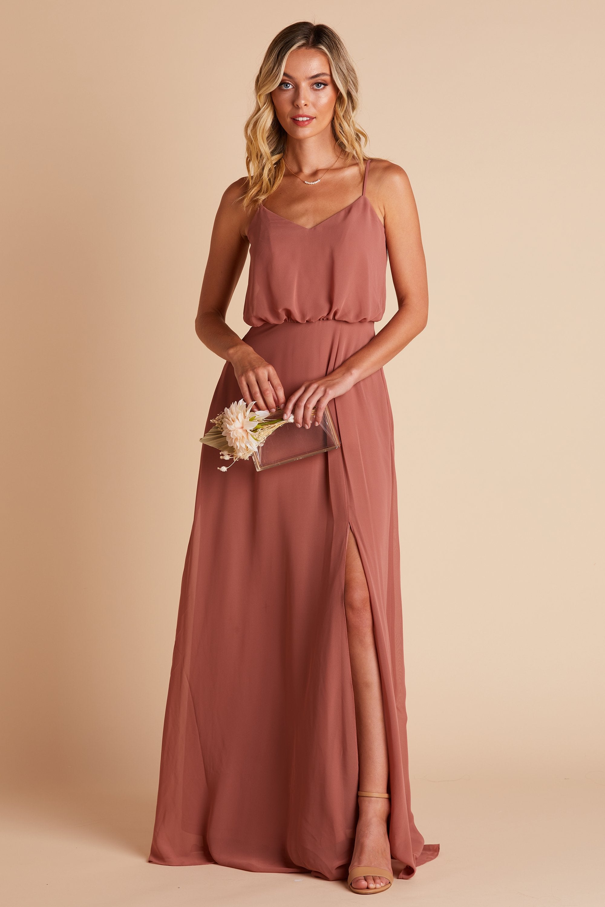 Front view of the Gwennie Dress in desert rose chiffon worn by a slender model with a light skin tone. 