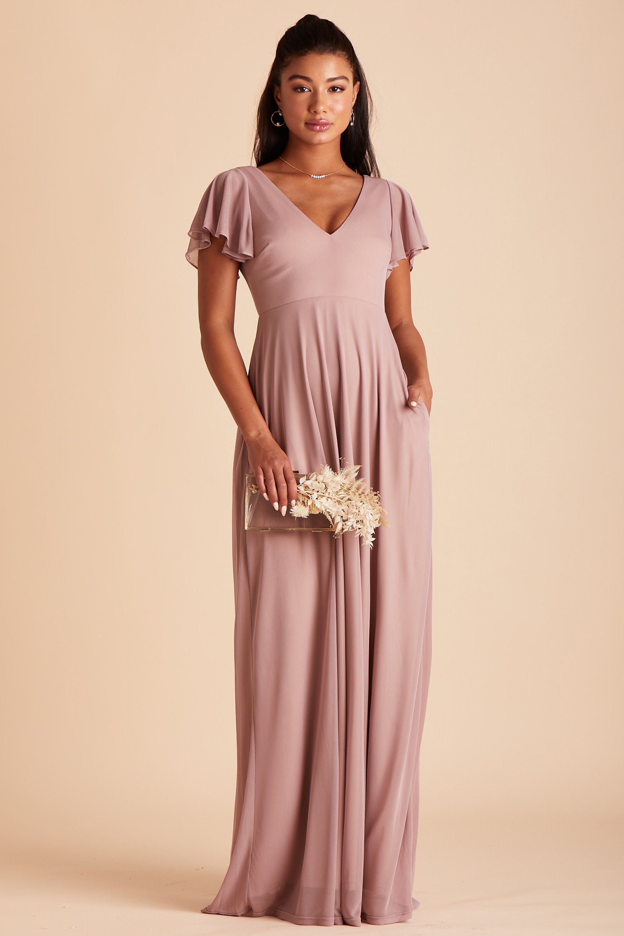 Hannah bridesmaids dress in mauve chiffon by Birdy Grey, front view with hand in pocket