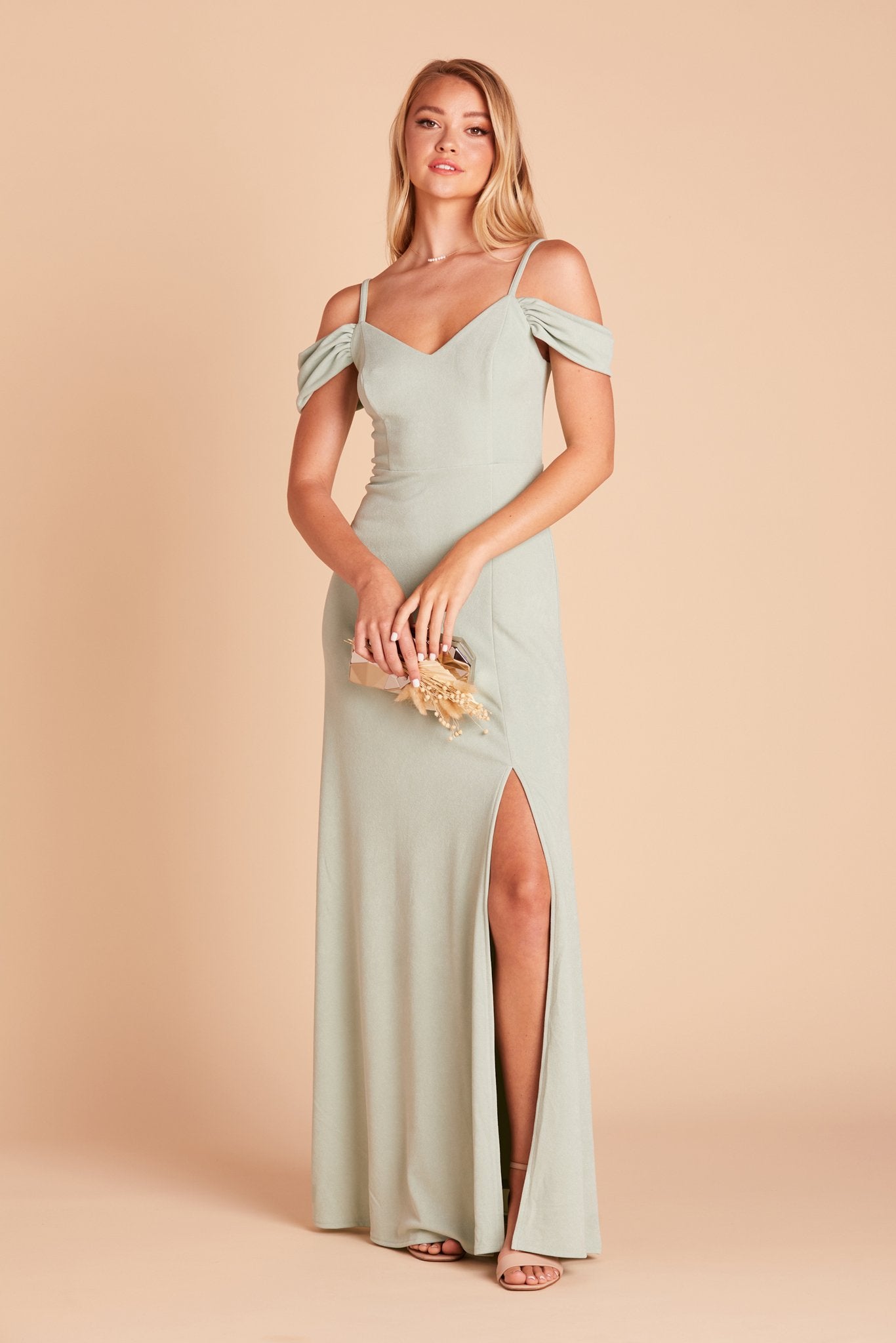 Dev bridesmaid dress with slit in sage green crepe by Birdy Grey, front view