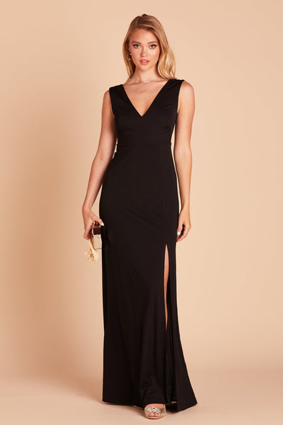 Shamin bridesmaid dress with slit in black crepe by Birdy Grey, front view