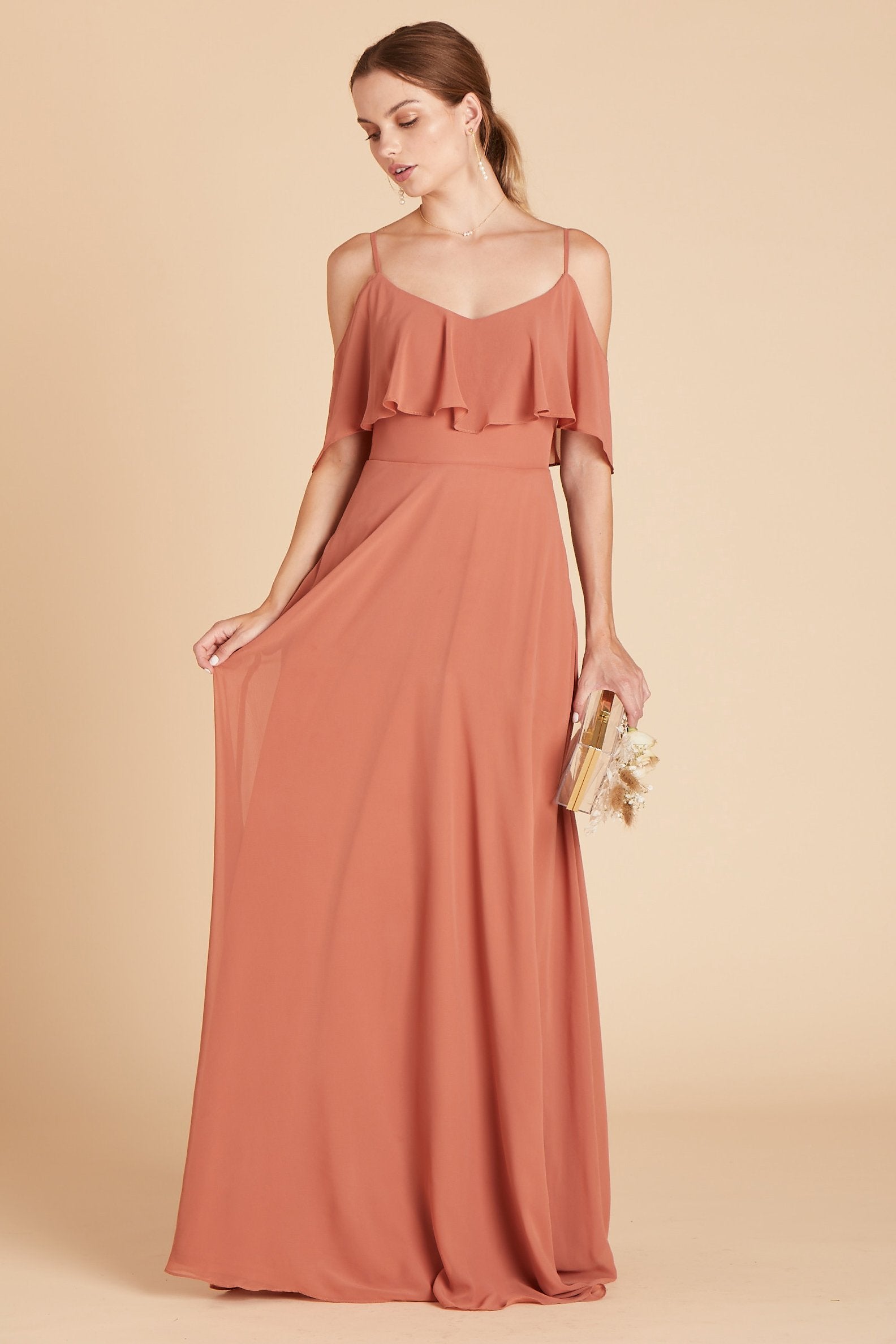 Jane convertible bridesmaid dress in terracotta orange chiffon by Birdy Grey, front view