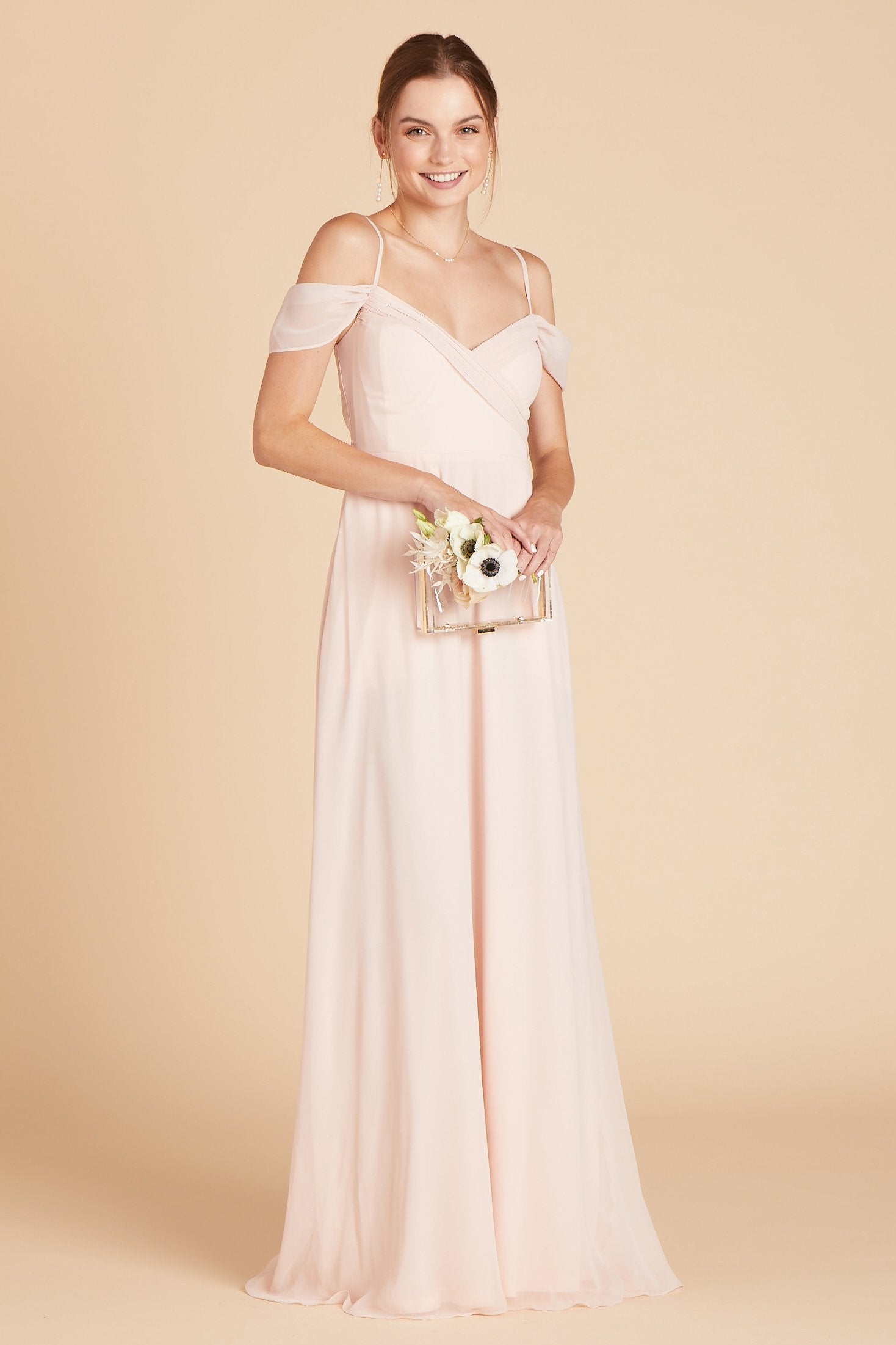 Spence convertible bridesmaid dress in pale blush chiffon by Birdy Grey, front view
