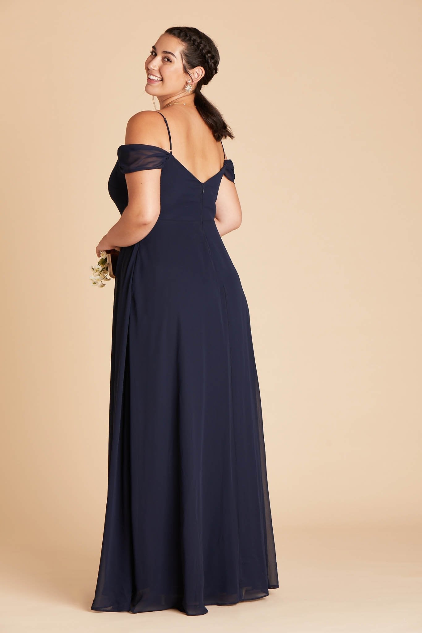 Devin convertible plus size bridesmaids dress in navy blue chiffon by Birdy Grey, side view