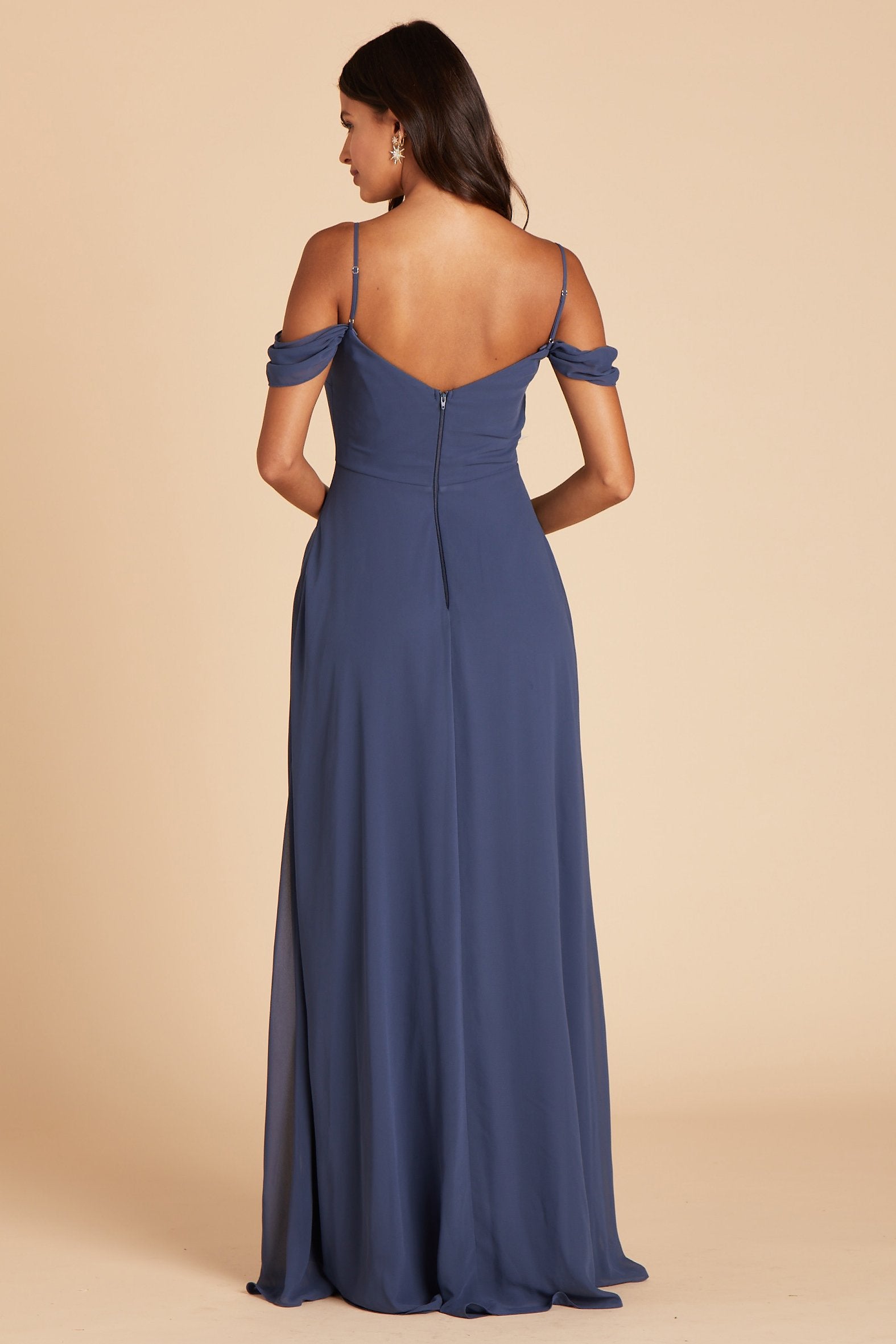Devin convertible bridesmaids dress in slate blue chiffon by Birdy Grey, back view