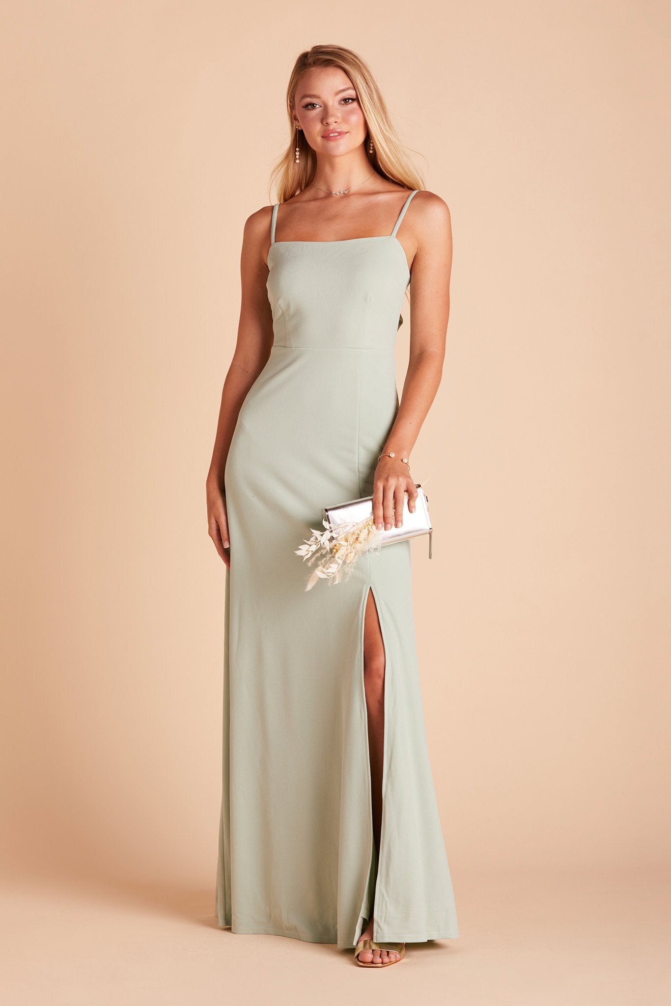 Benny bridesmaid dress with slit in sage green crepe by Birdy Grey, front view