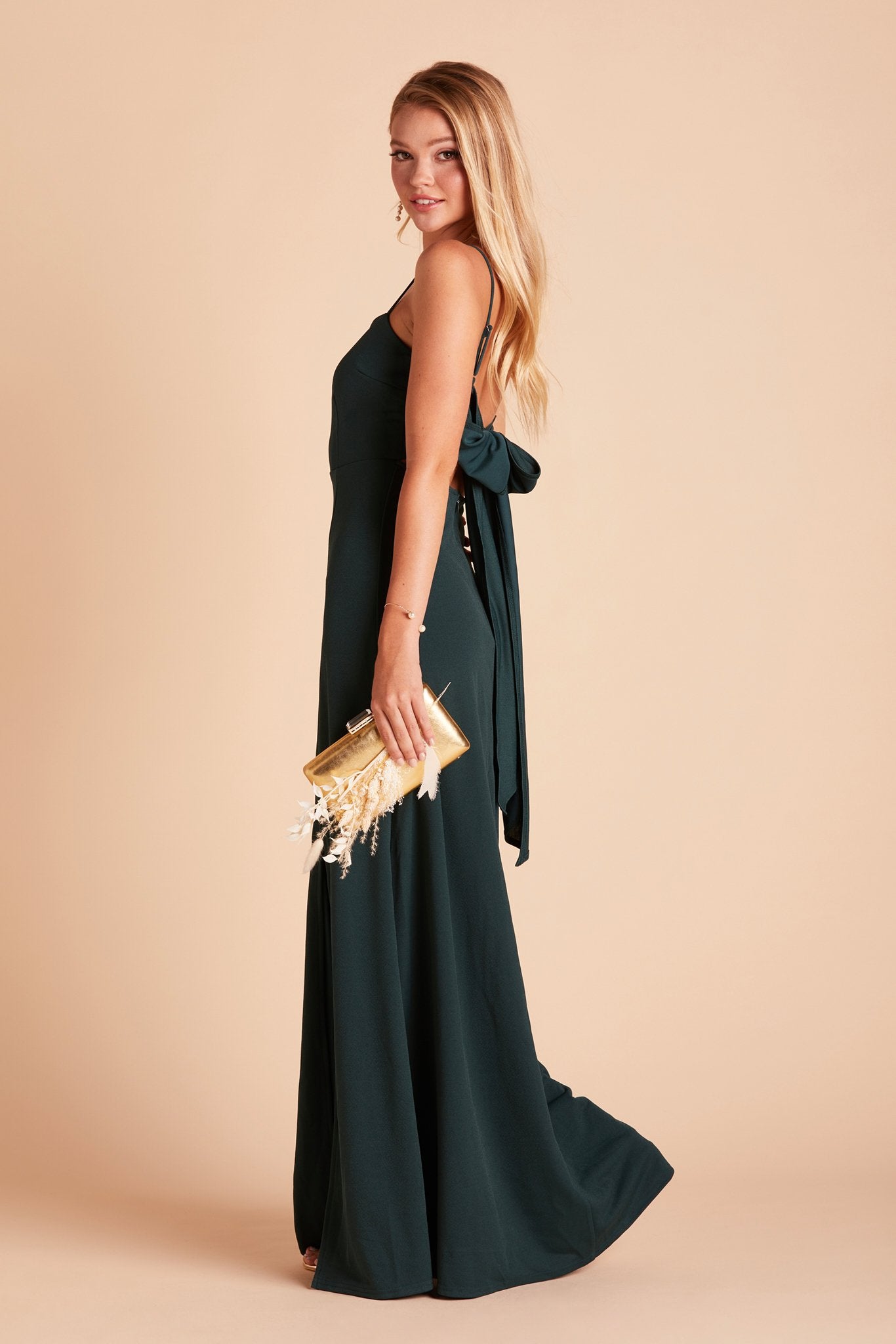 Benny bridesmaid dress in emerald green crepe by Birdy Grey, side view