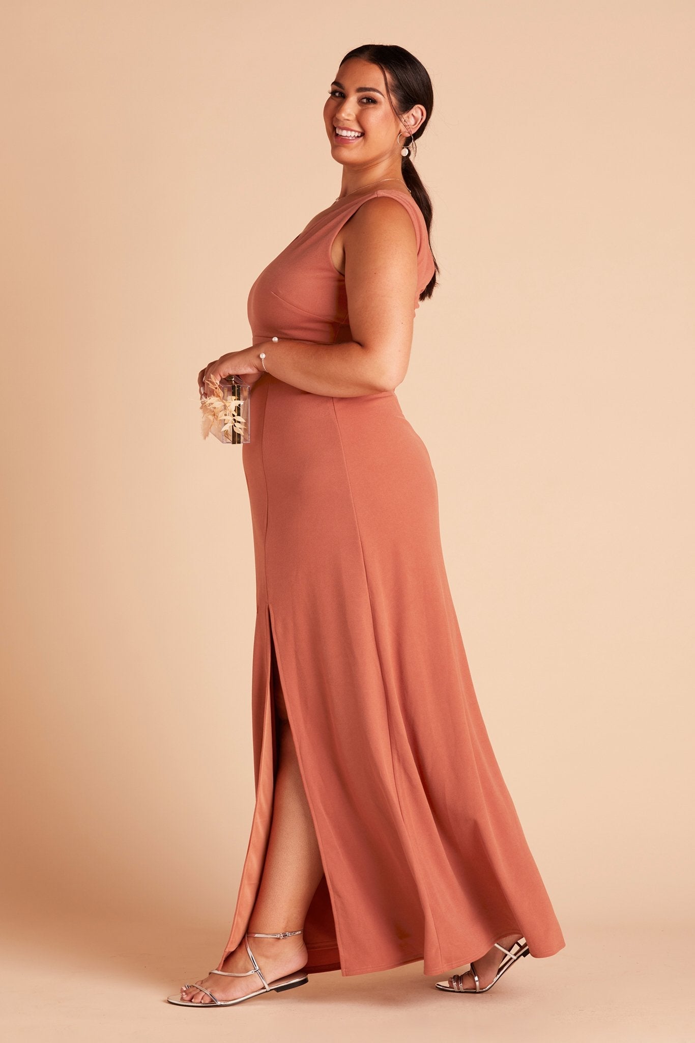 Shamin plus size bridesmaid dress with slit in terracotta crepe by Birdy Grey, side view