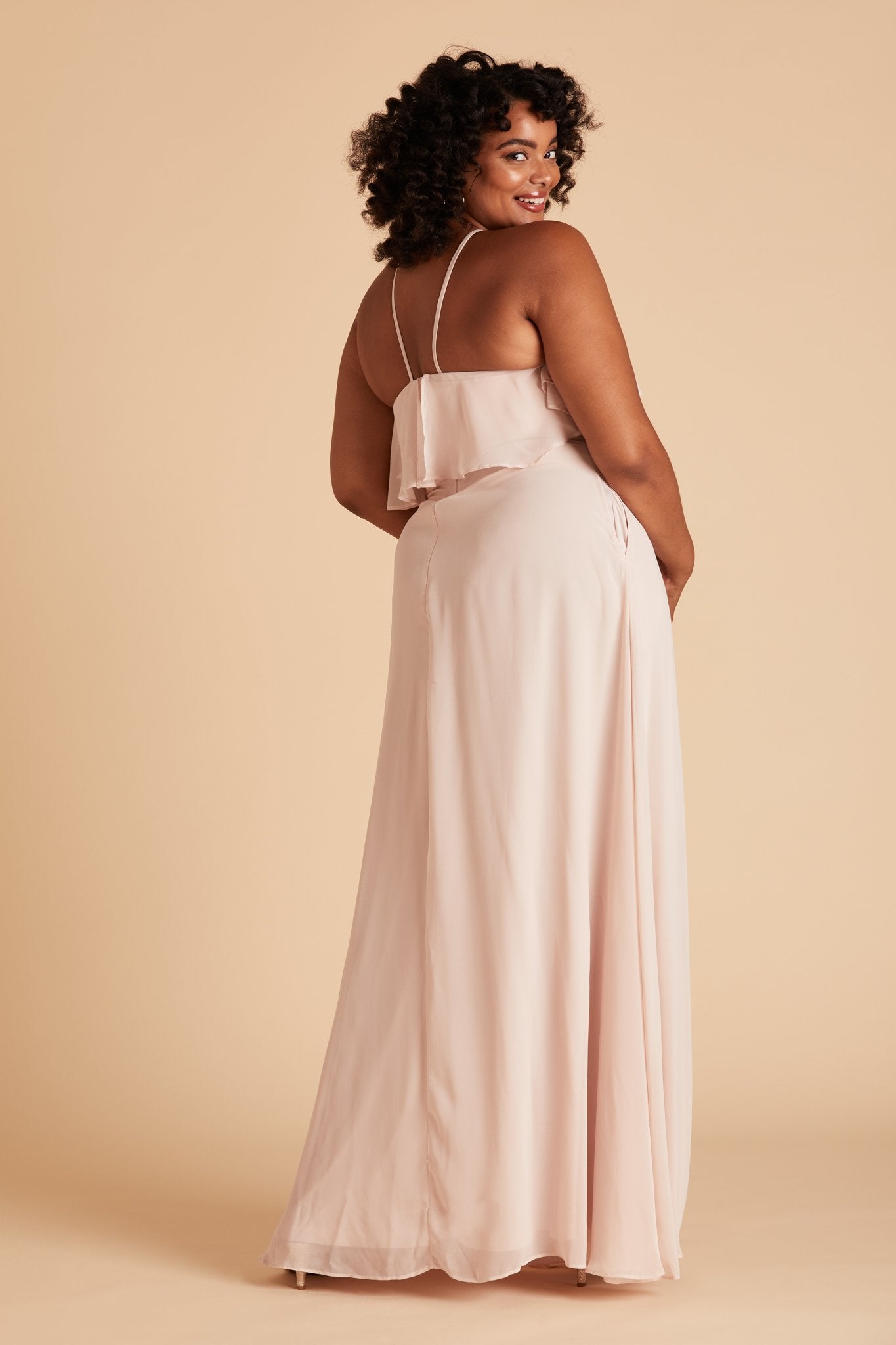 Jules plus size bridesmaid dress in pale blush chiffon by Birdy Grey, back view