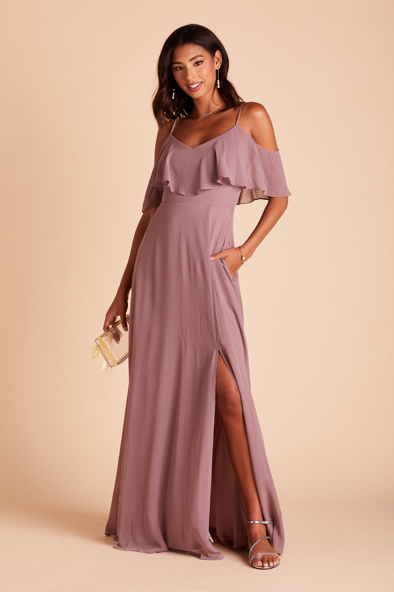 Jane convertible bridesmaid dress in dark mauve chiffon by Birdy Grey, front view with hand in pocket