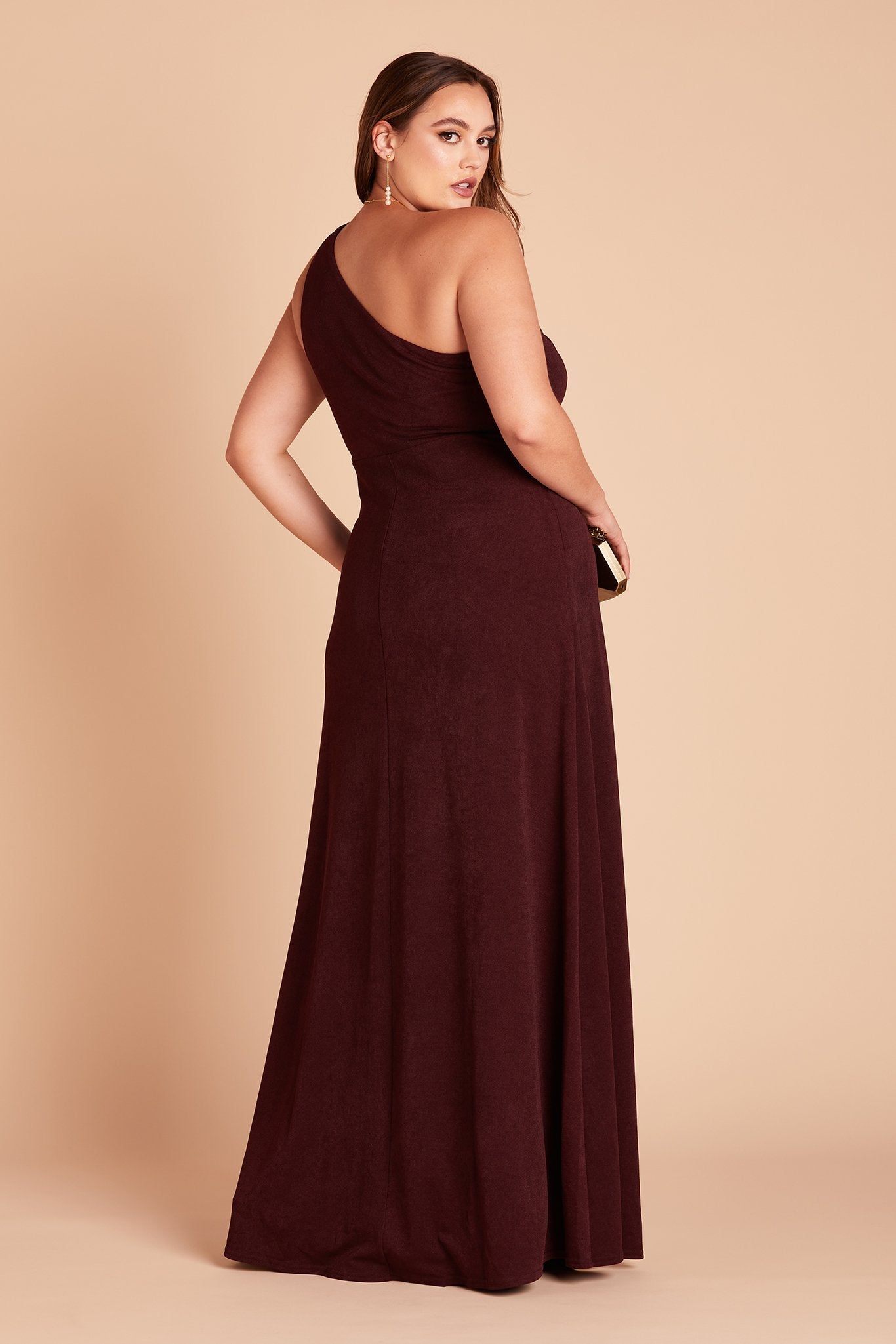 Kira plus size bridesmaid dress with slit in cabernet burgundy by Birdy Grey, back view