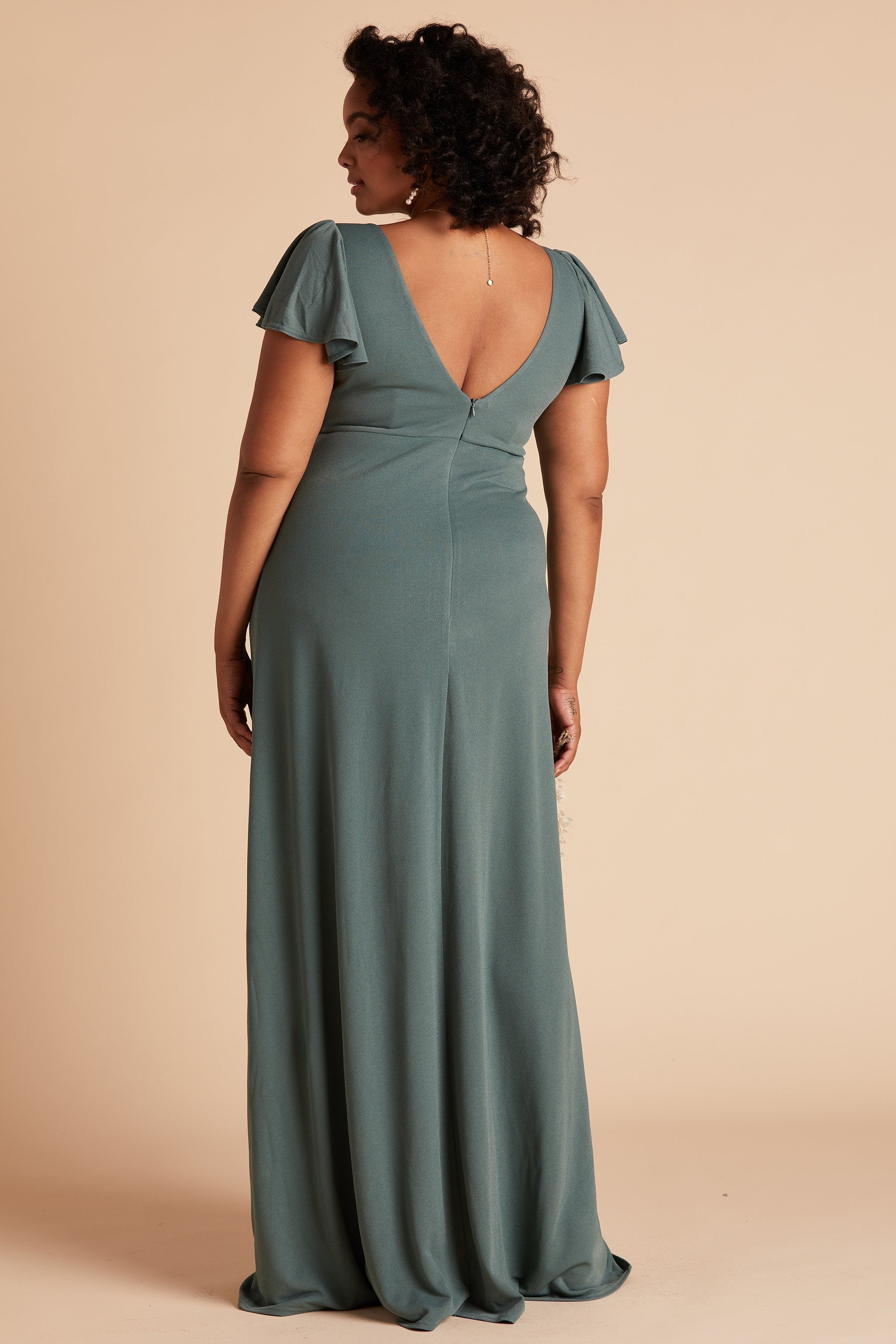 Hannah bridesmaid dress with slit in sea glass green crepe by Birdy Grey, back view