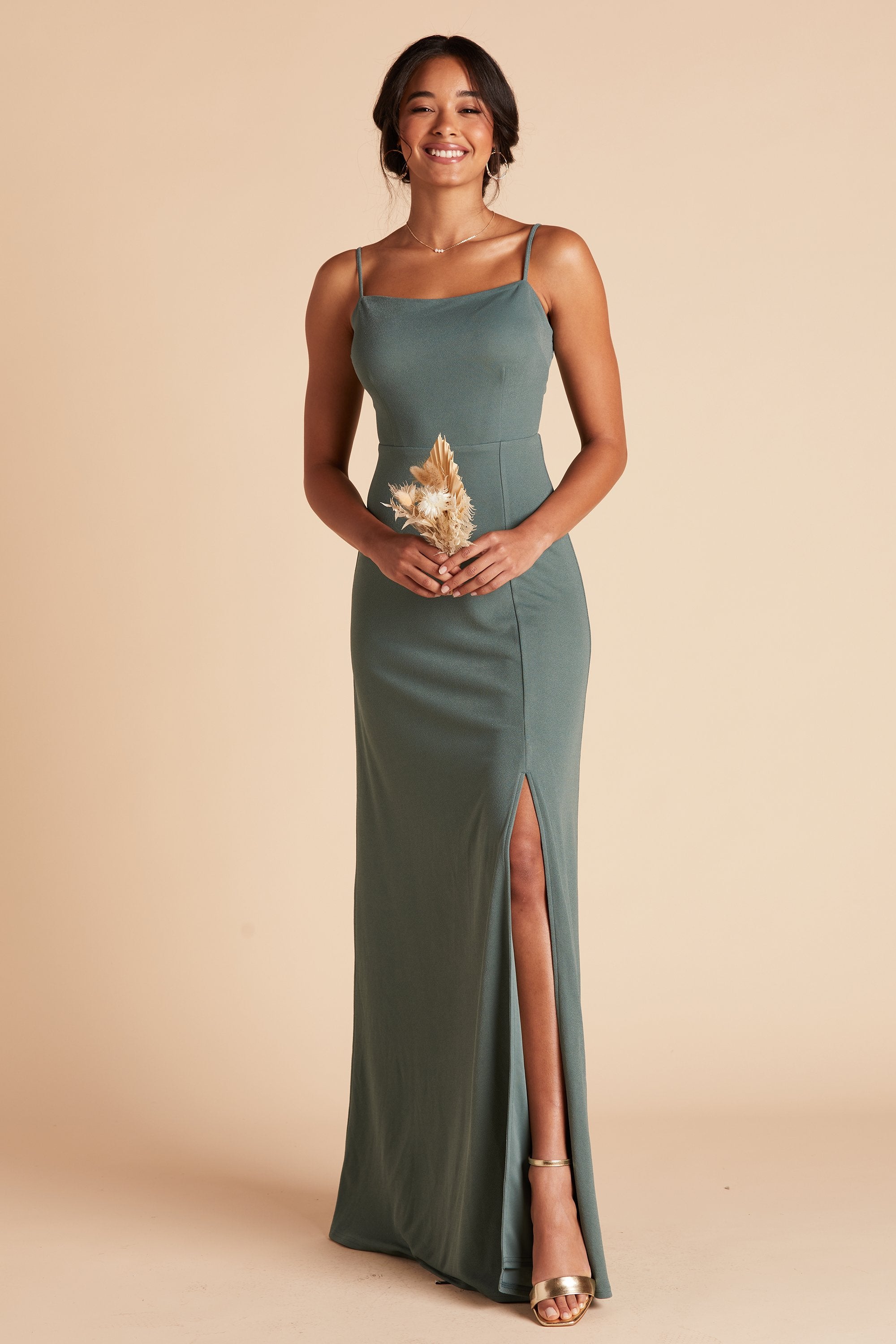 Benny bridesmaid dress with slit in sea glass green crepe by Birdy Grey, front view
