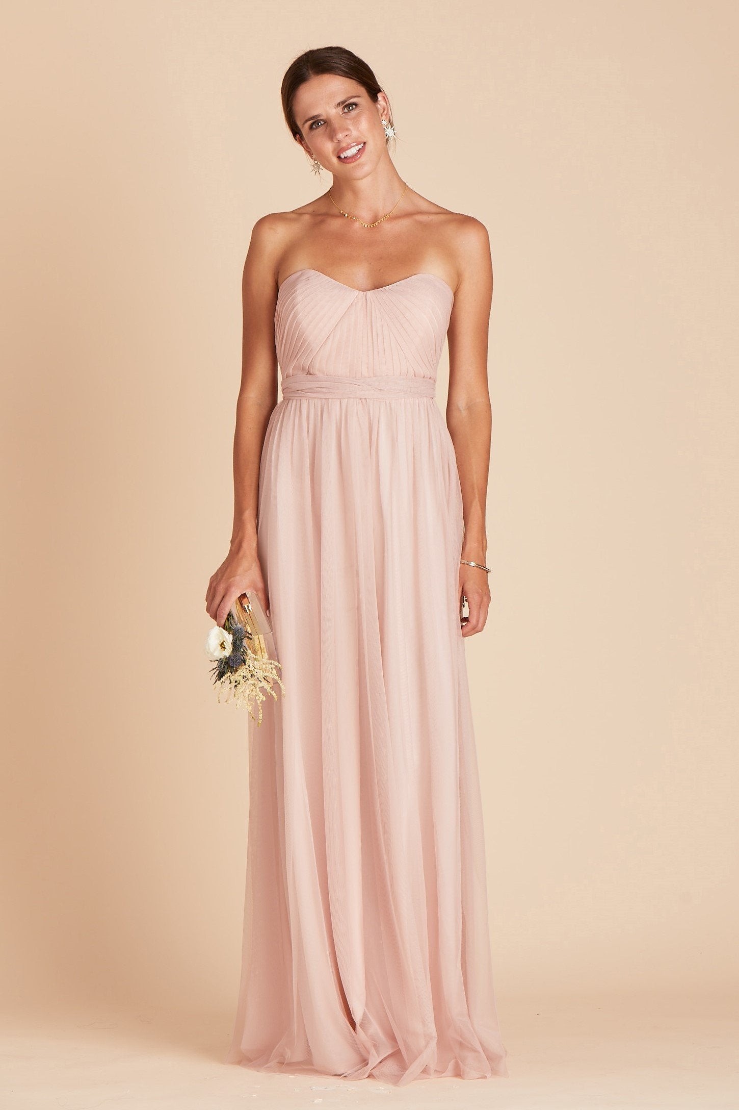 Christina convertible bridesmaid dress in vintage blush tulle by Birdy Grey, front view