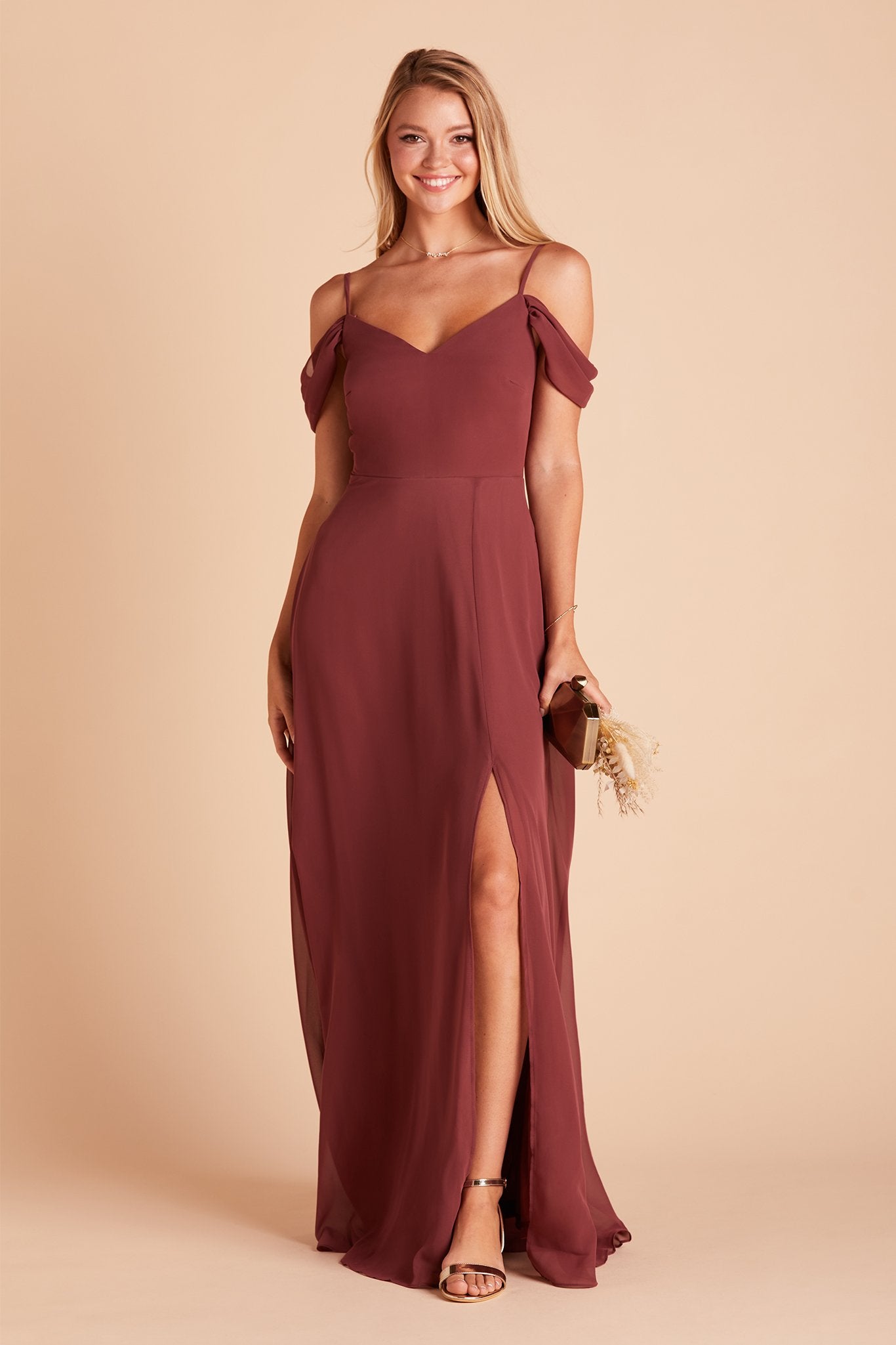 Devin convertible bridesmaids dress with slit in rosewood chiffon by Birdy Grey, front view