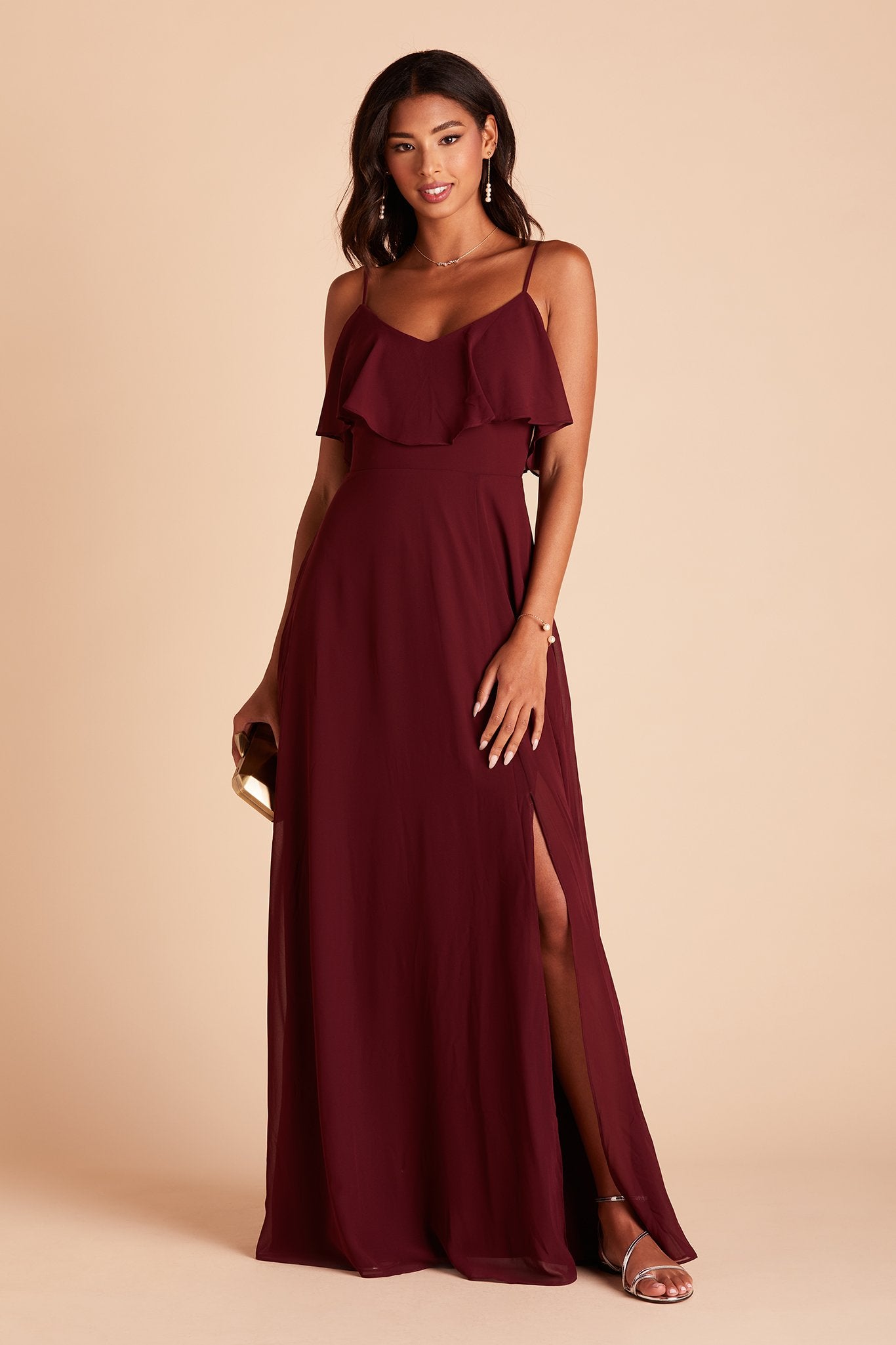 Jane convertible bridesmaid dress with slit in cabernet burgundy chiffon by Birdy Grey, front view