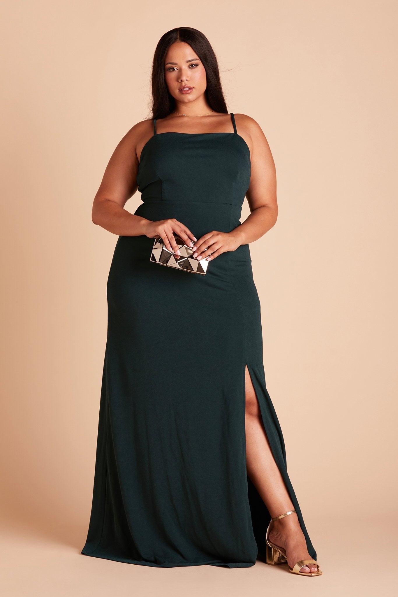Benny plus size bridesmaid dress with slit in emerald green crepe by Birdy Grey, front view