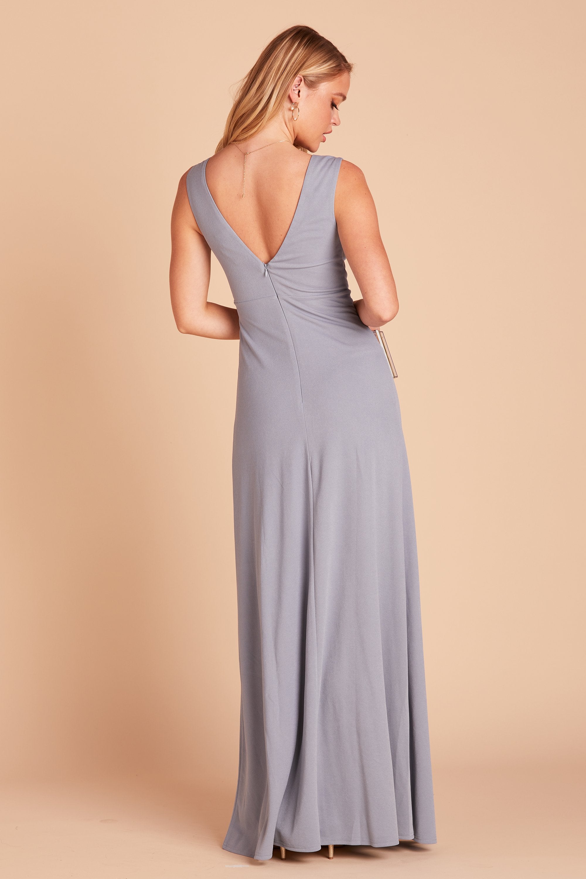 Shamin bridesmaid dress with slit in dusty blue crepe by Birdy Grey, back view