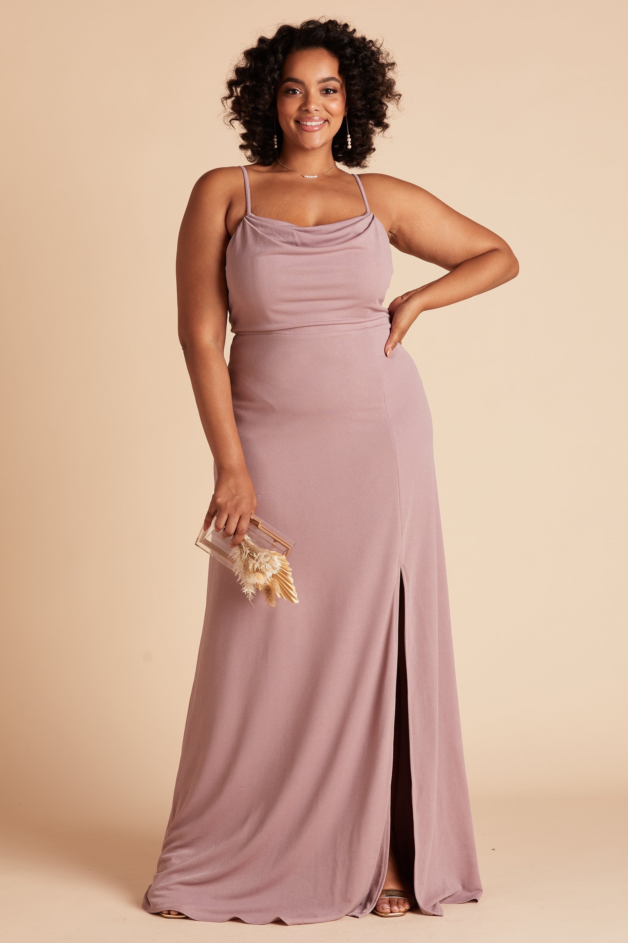 Ash plus size bridesmaid dress with slit in dark mauve crepe by Birdy Grey, front view
