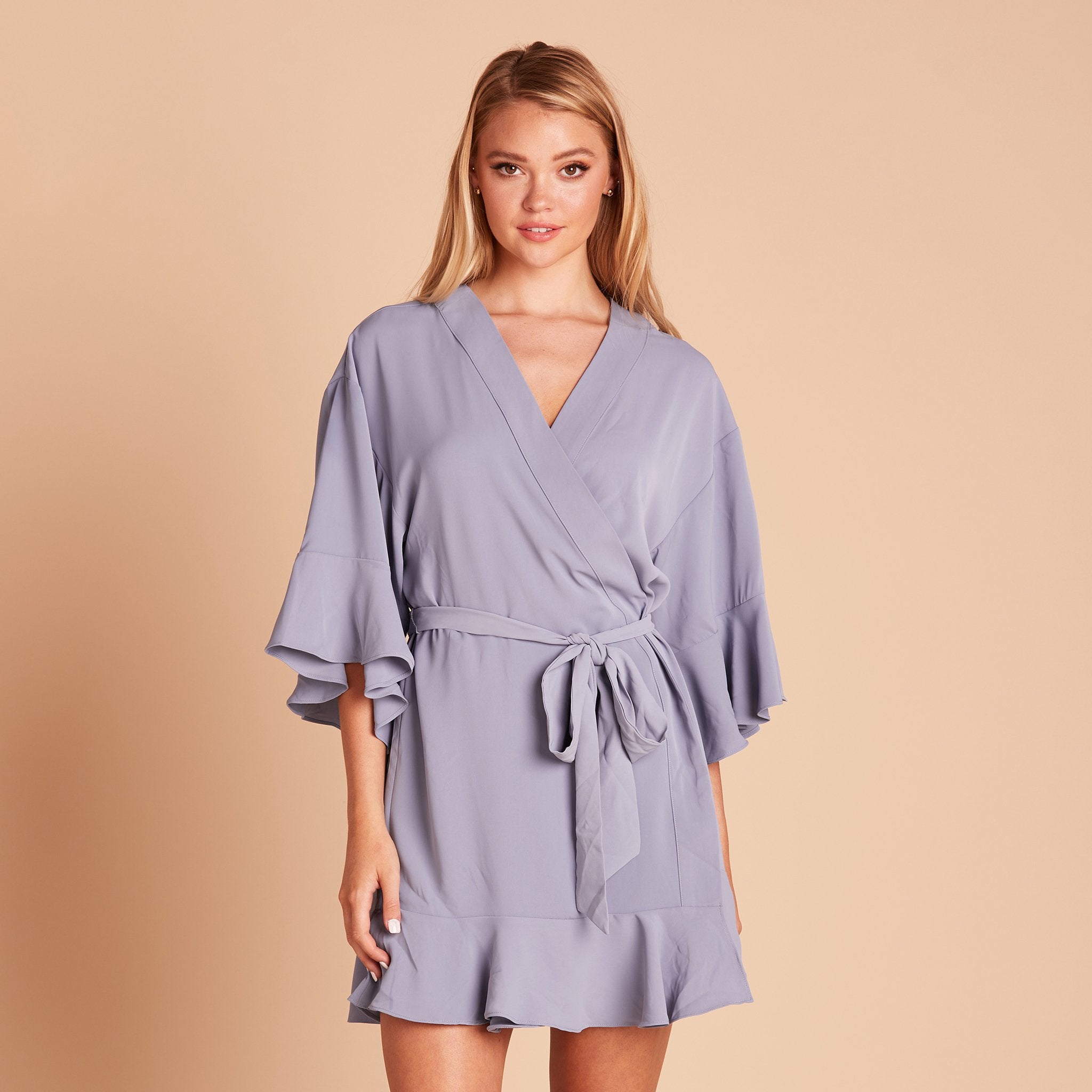 Kenny Ruffle Robe in dusty blue by Birdy Grey, front view