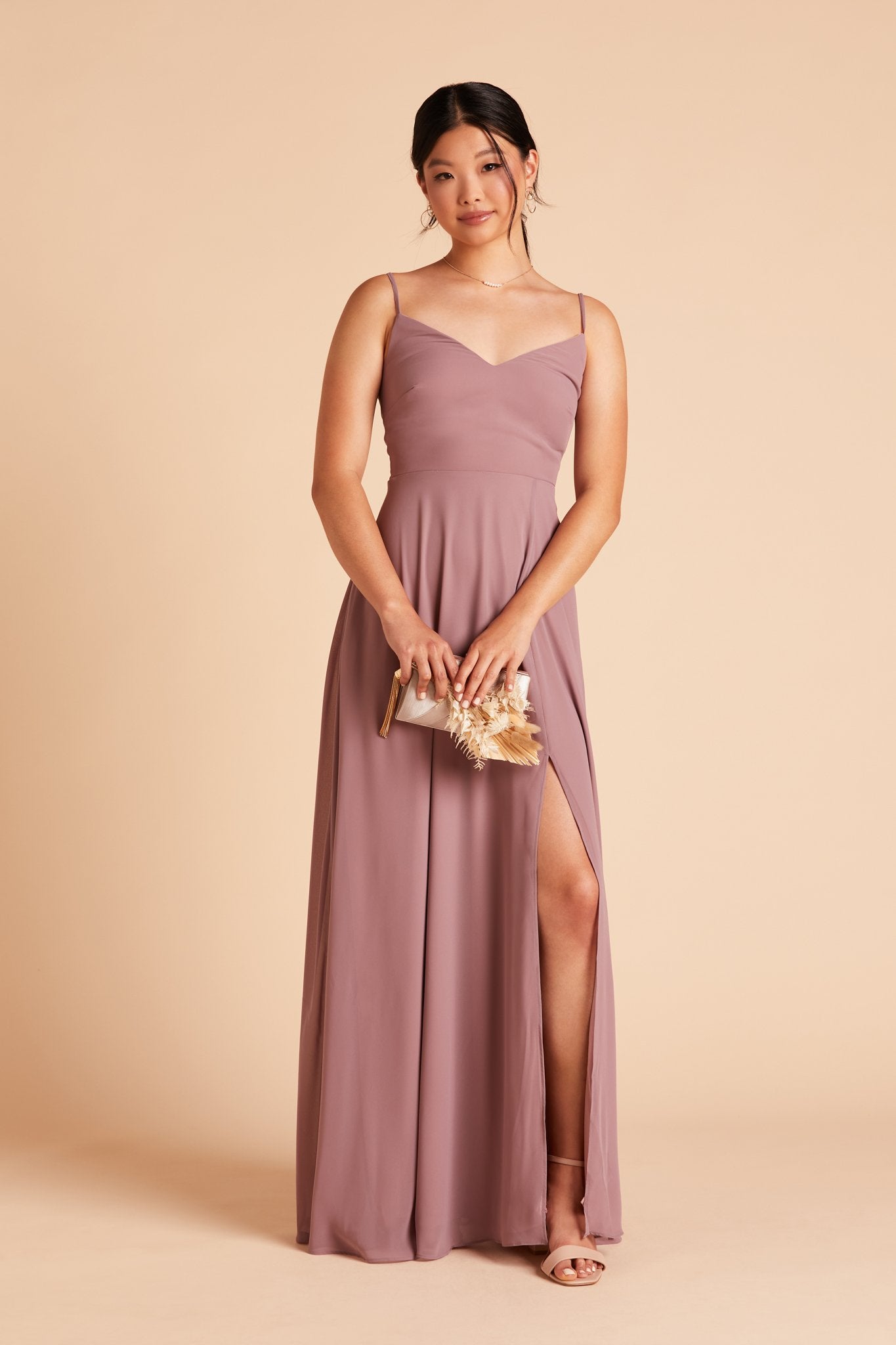 Devin convertible bridesmaid dress with slit in dark mauve chiffon by Birdy Grey, front view