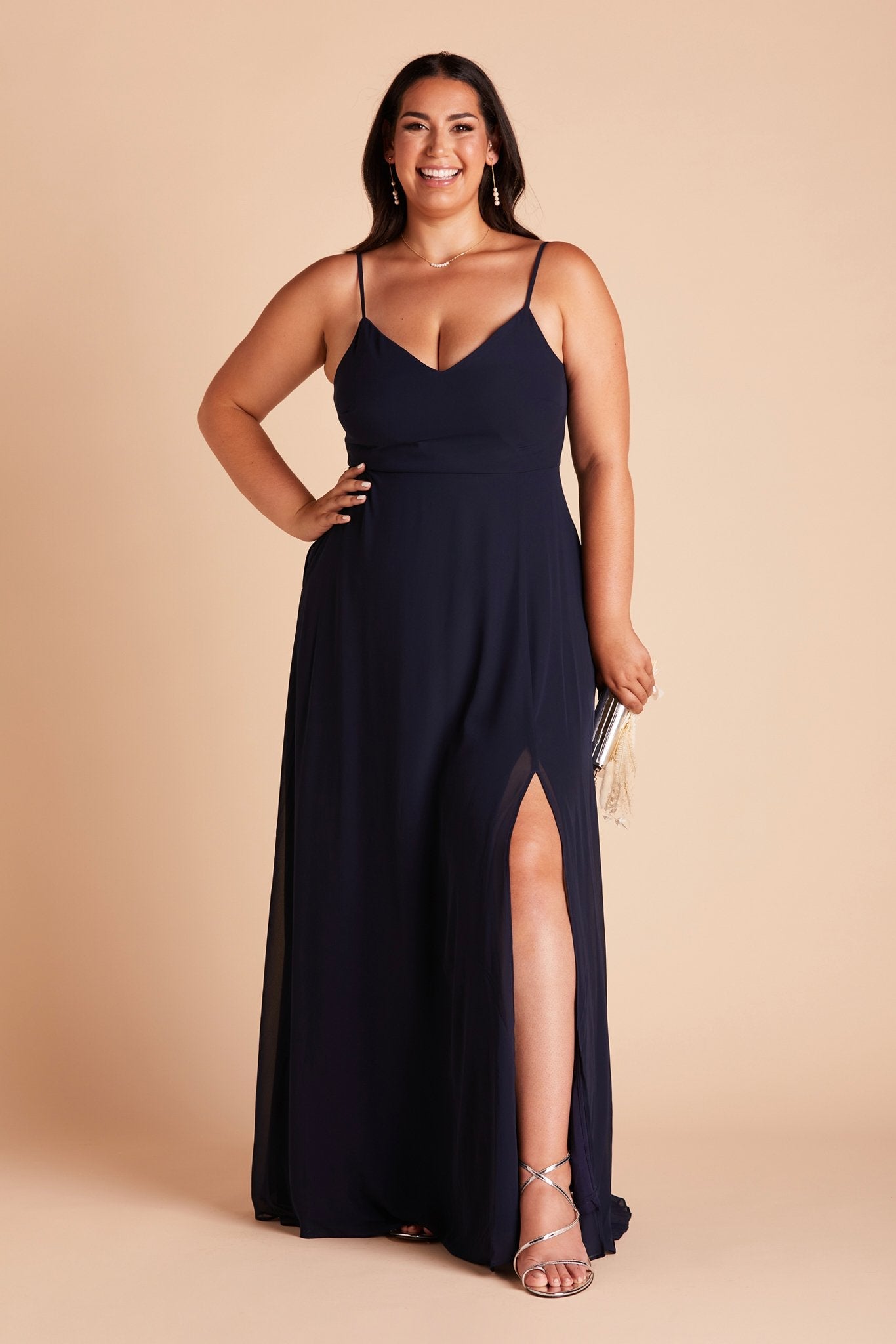 Devin convertible plus size bridesmaids dress with slit  in navy blue chiffon by Birdy Grey, front view