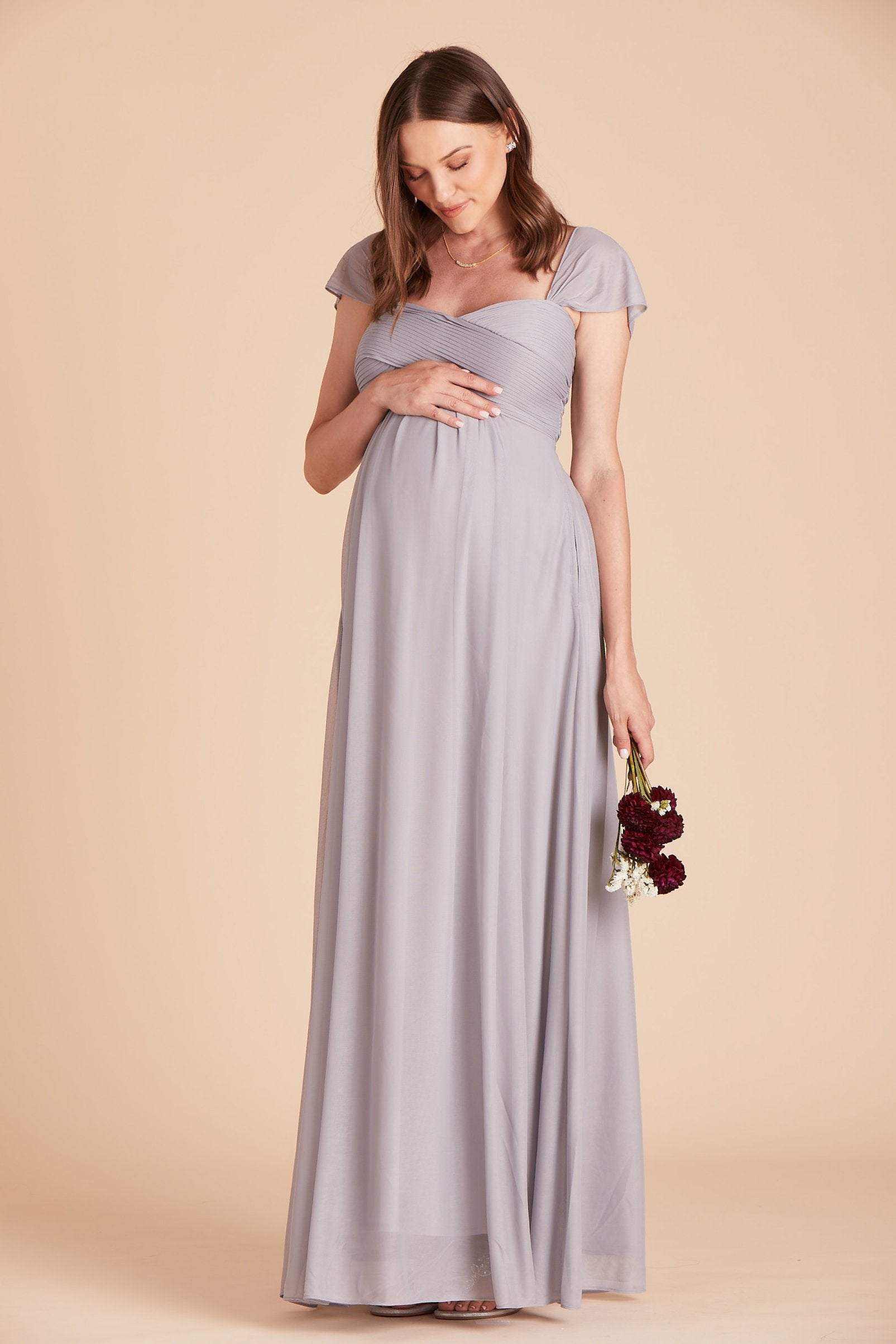 Maria convertible bridesmaids dress in silver mesh by Birdy Grey, front view