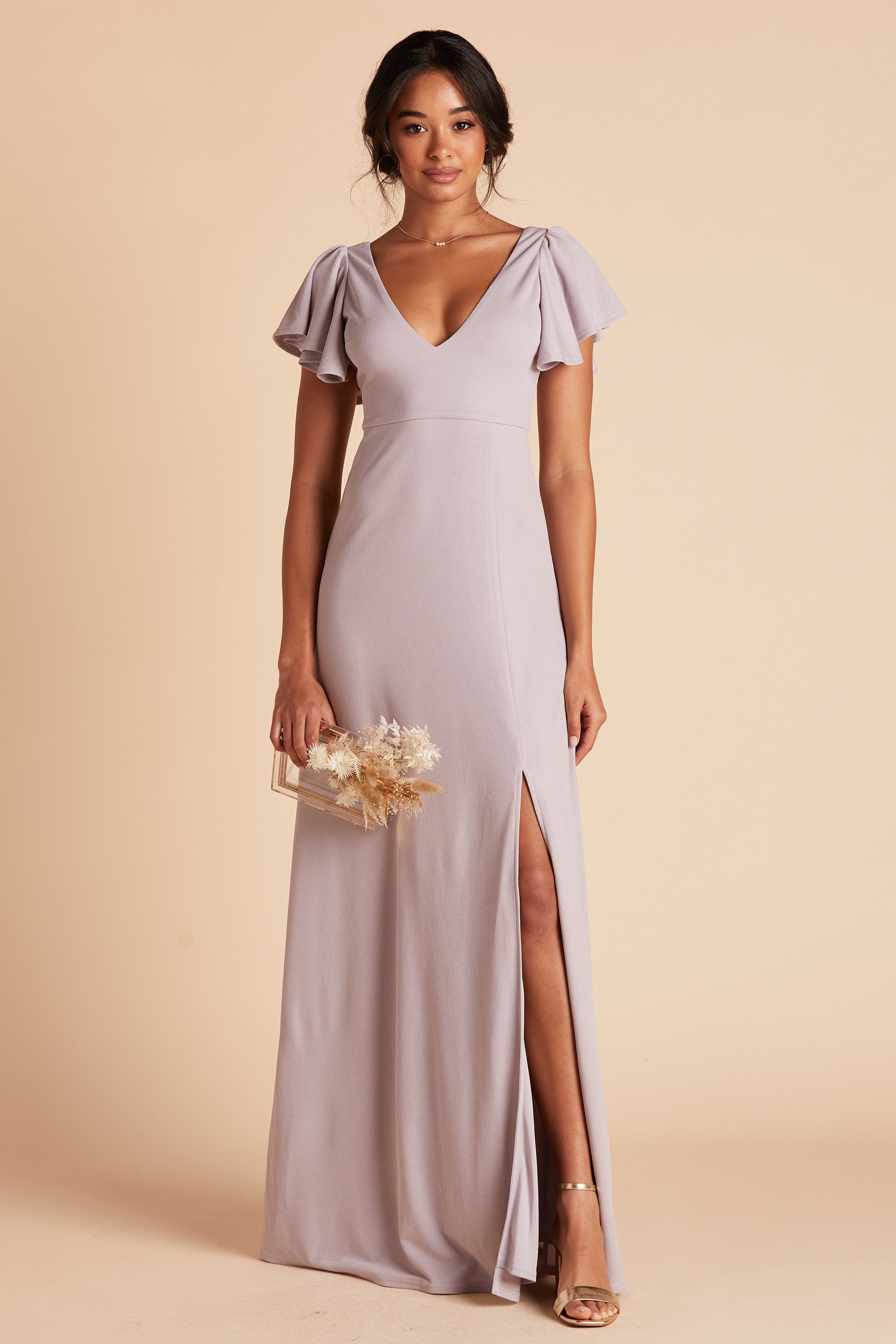 Hannah bridesmaid dress with slit in lilac purple crepe by Birdy Grey, front view