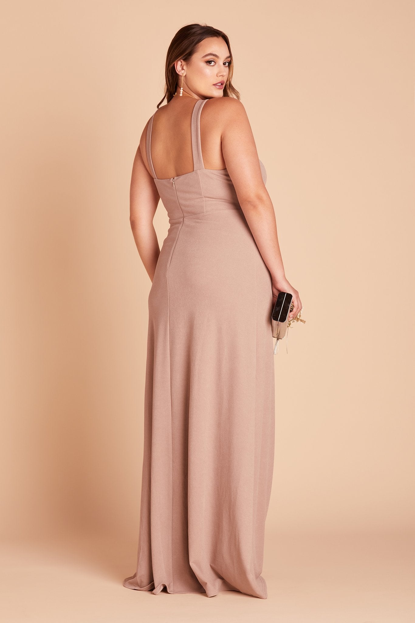 Gene plus size bridesmaid dress with slit in taupe crepe by Birdy Grey, back view