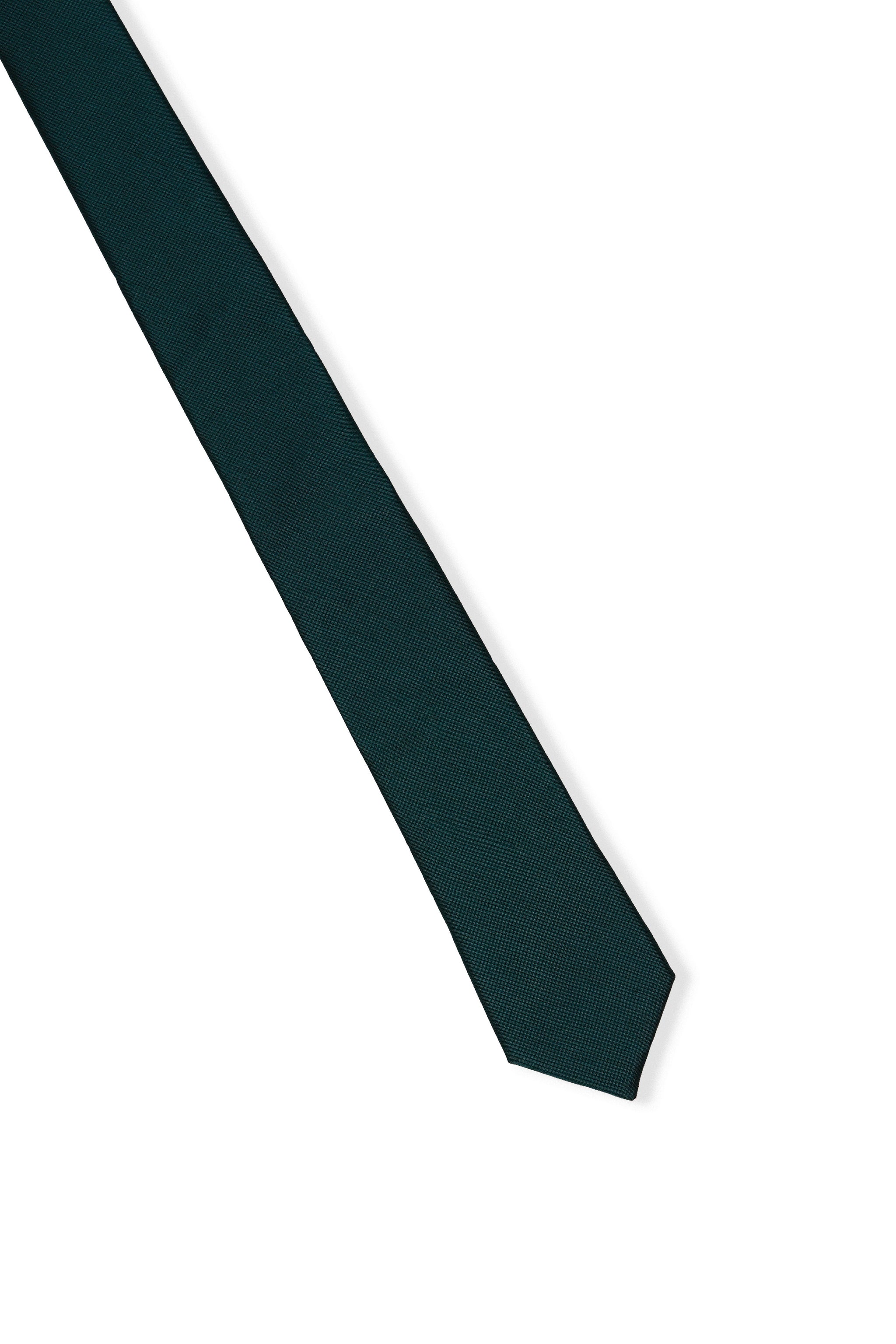 Elevated view of the Simon Necktie in emerald fully extended on a white background showing the width of the necktie.